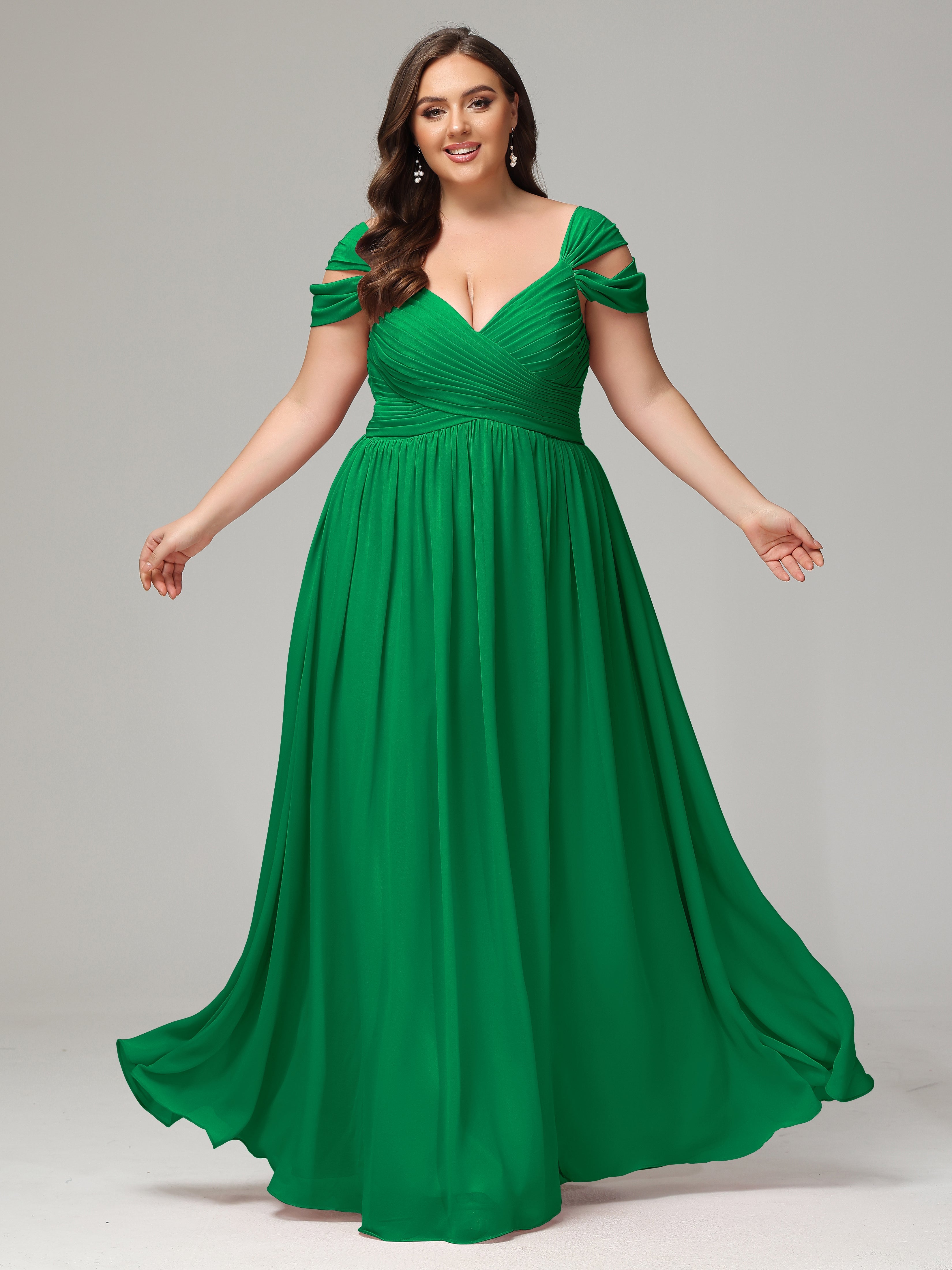 Emerald Green Bridesmaid Gown Cap Sleeves Chiffon With Split Plus Size Emerald Green Bridesmaid Gown Cap Sleeves Chiffon With Split Plus Size