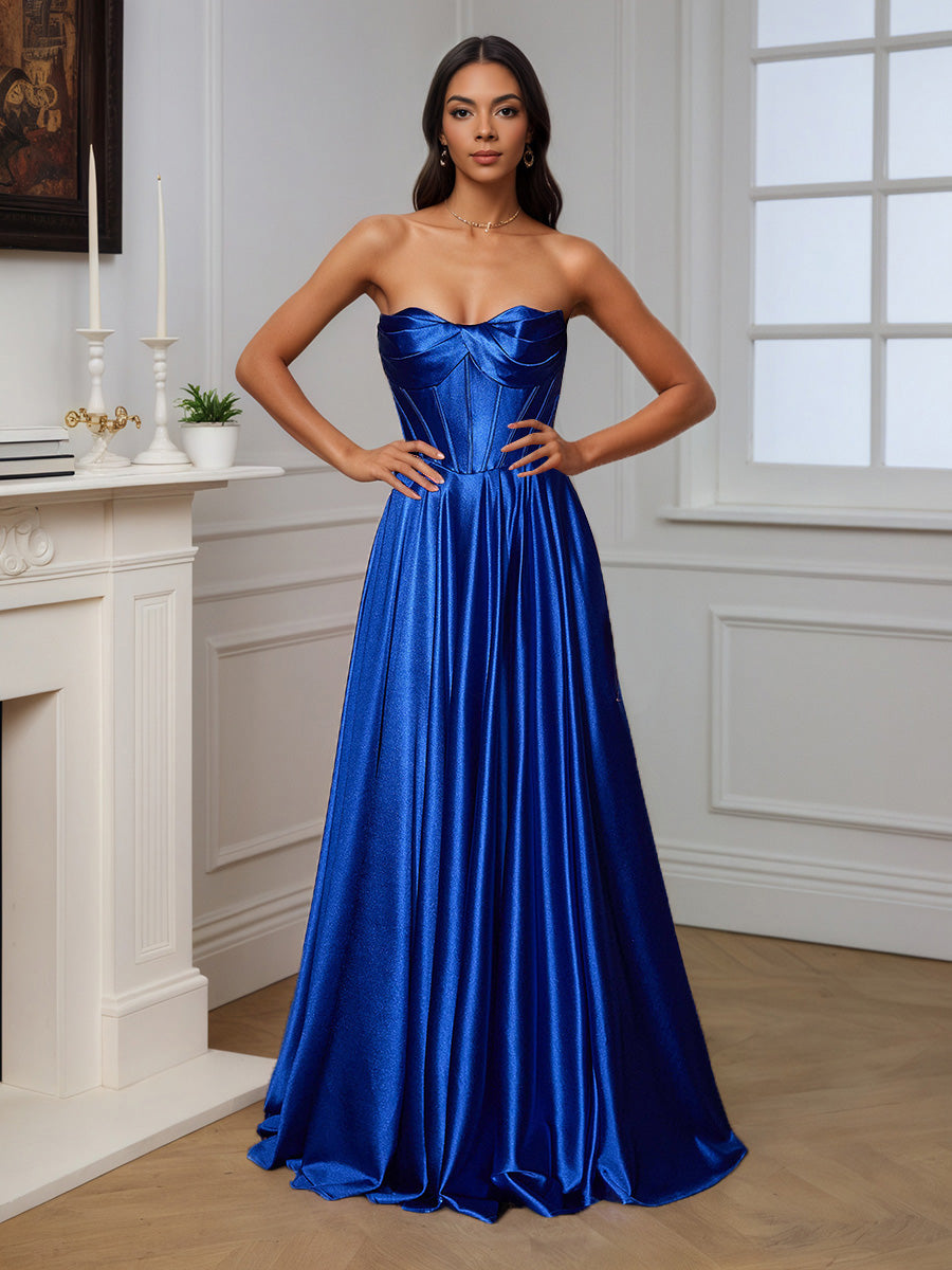 Cicinia Royal Blue Prom Dresses Soft Satin Slit Strapless A-Line Long Evening Dress