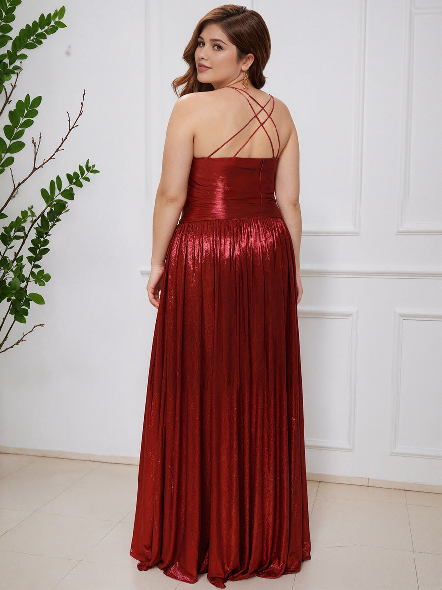 Cicinia Red V-neck Backless A-Line Long Plus Size Prom Dress with Split