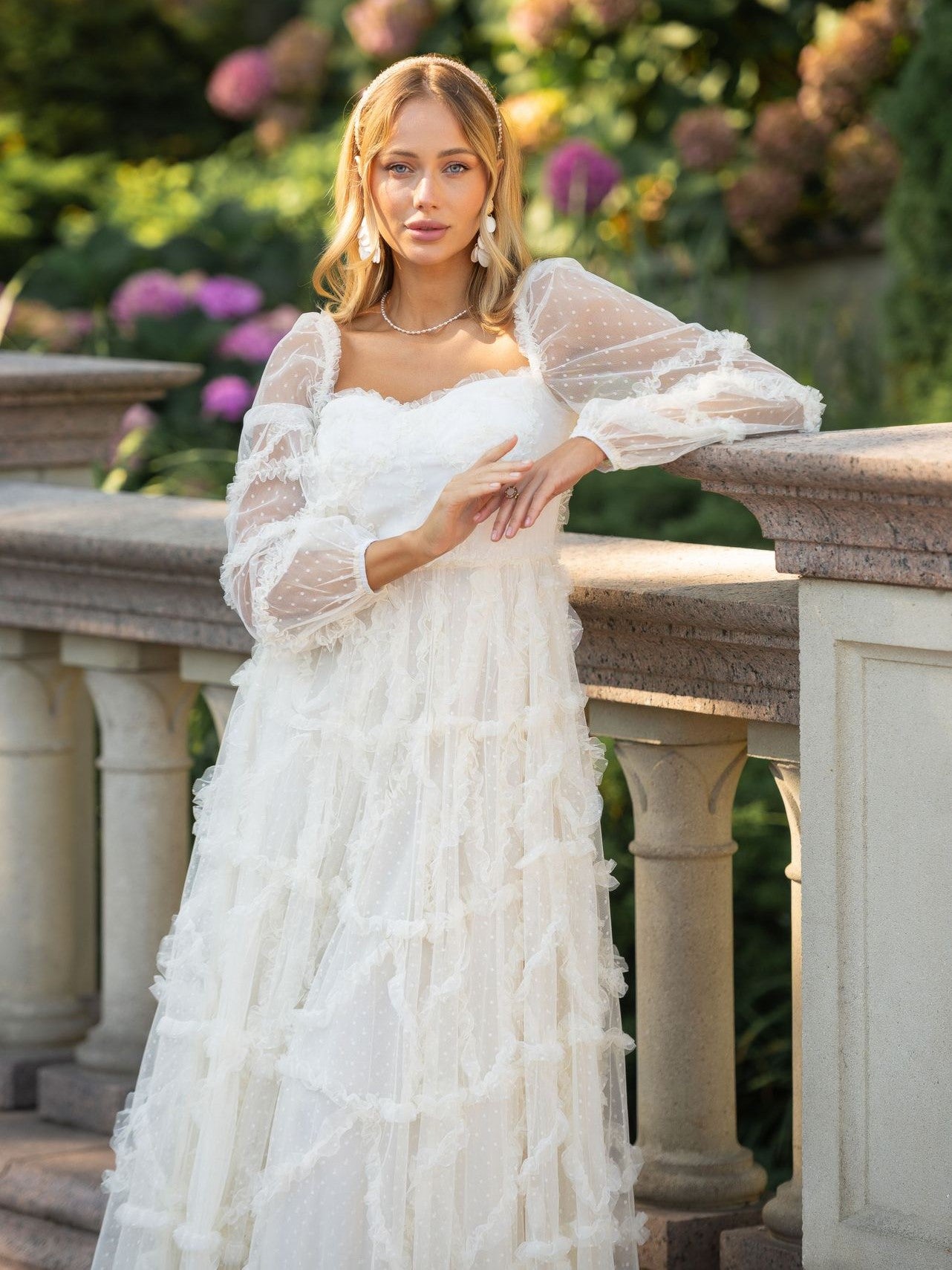 maxi ball dresses uk Apricot Sweetheart Polka Dot Tulle Long Sleeve Maxi Prom Dress with Bo