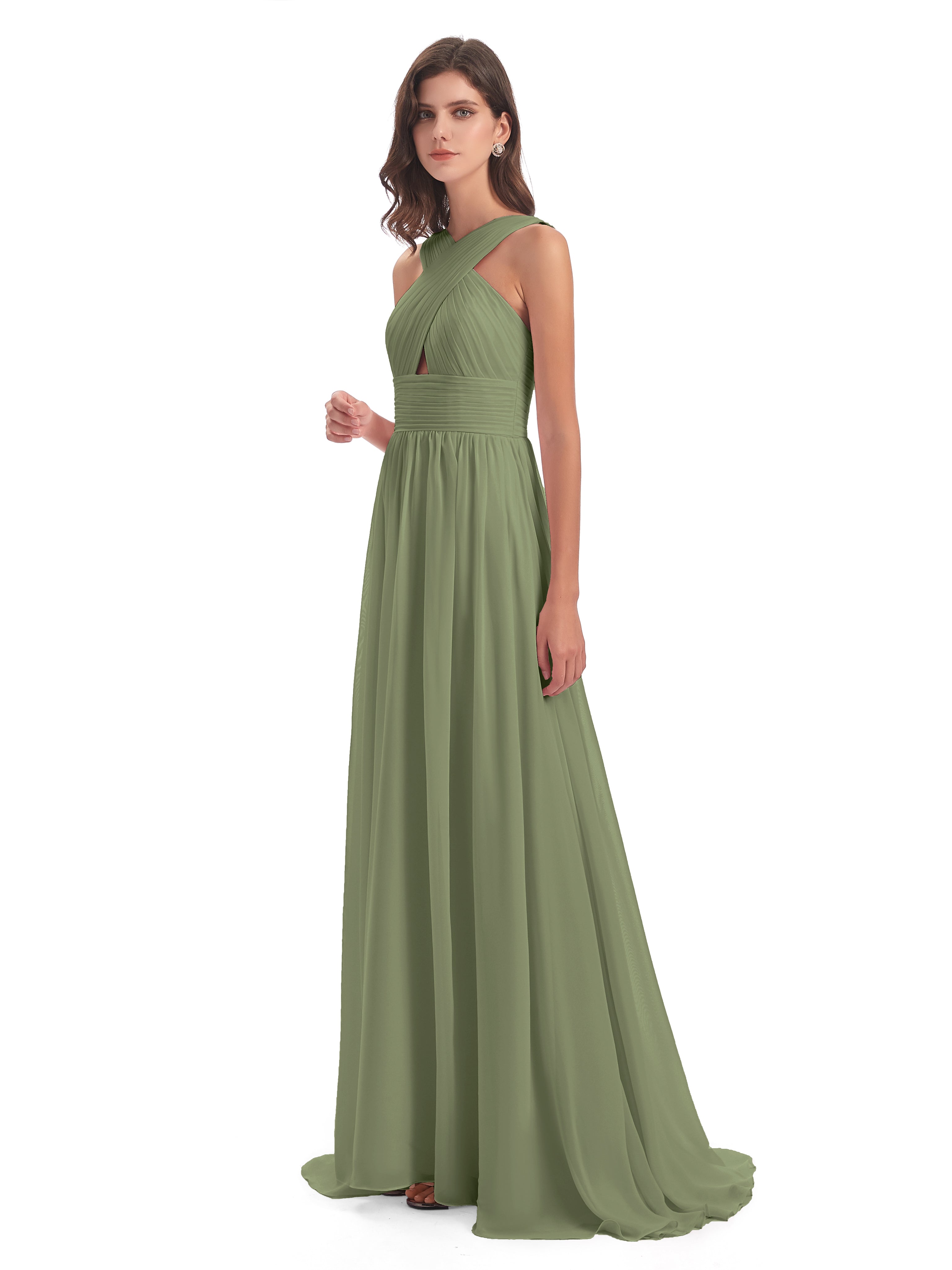Olive Green Chiffon Bridesmaid Dresses Millie Alarming Formal Sweep-Br