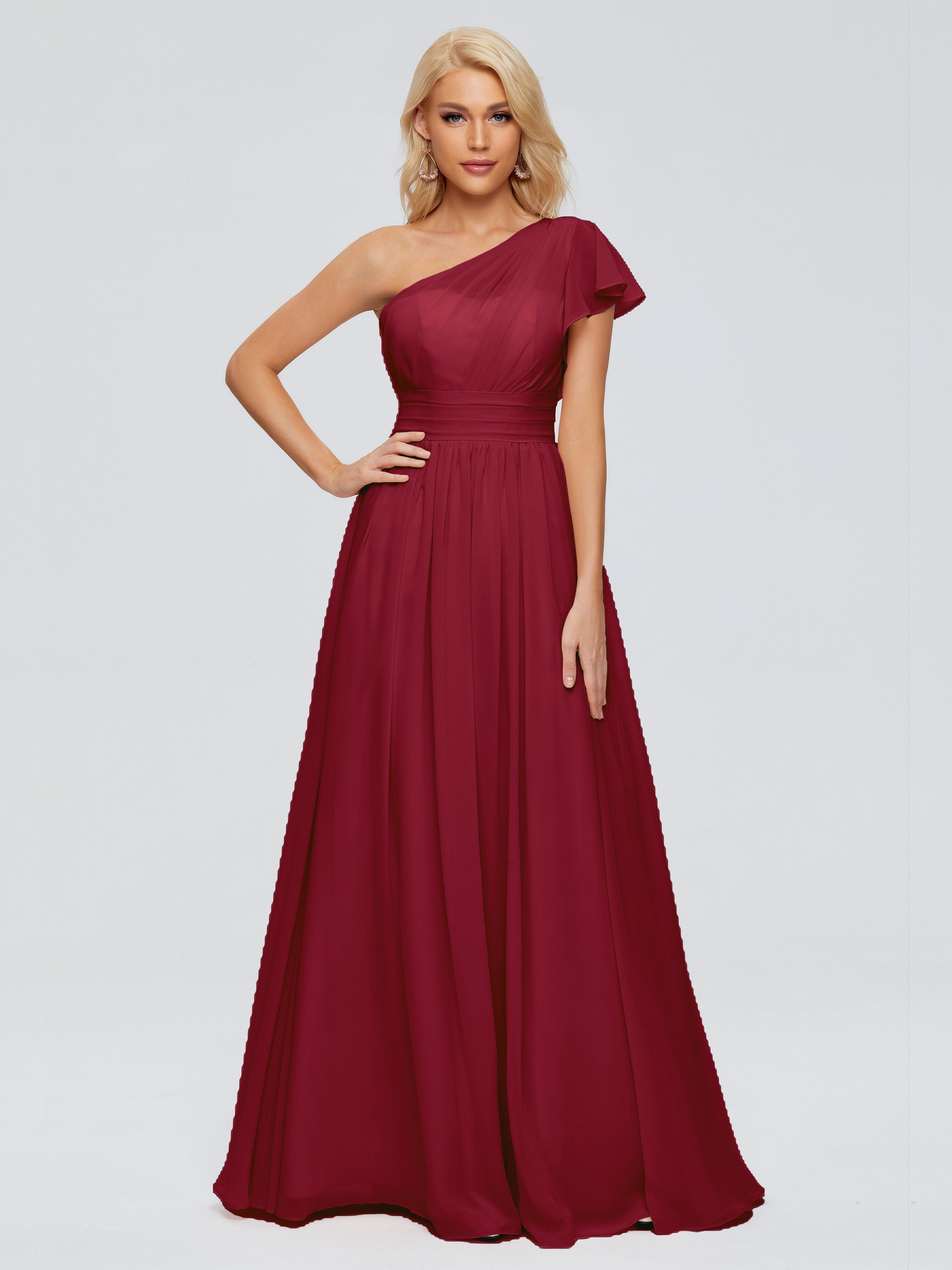 Bridesmaid Dress Burgundy Rylee Gorgeous One Shoulder Pleated Chiffon