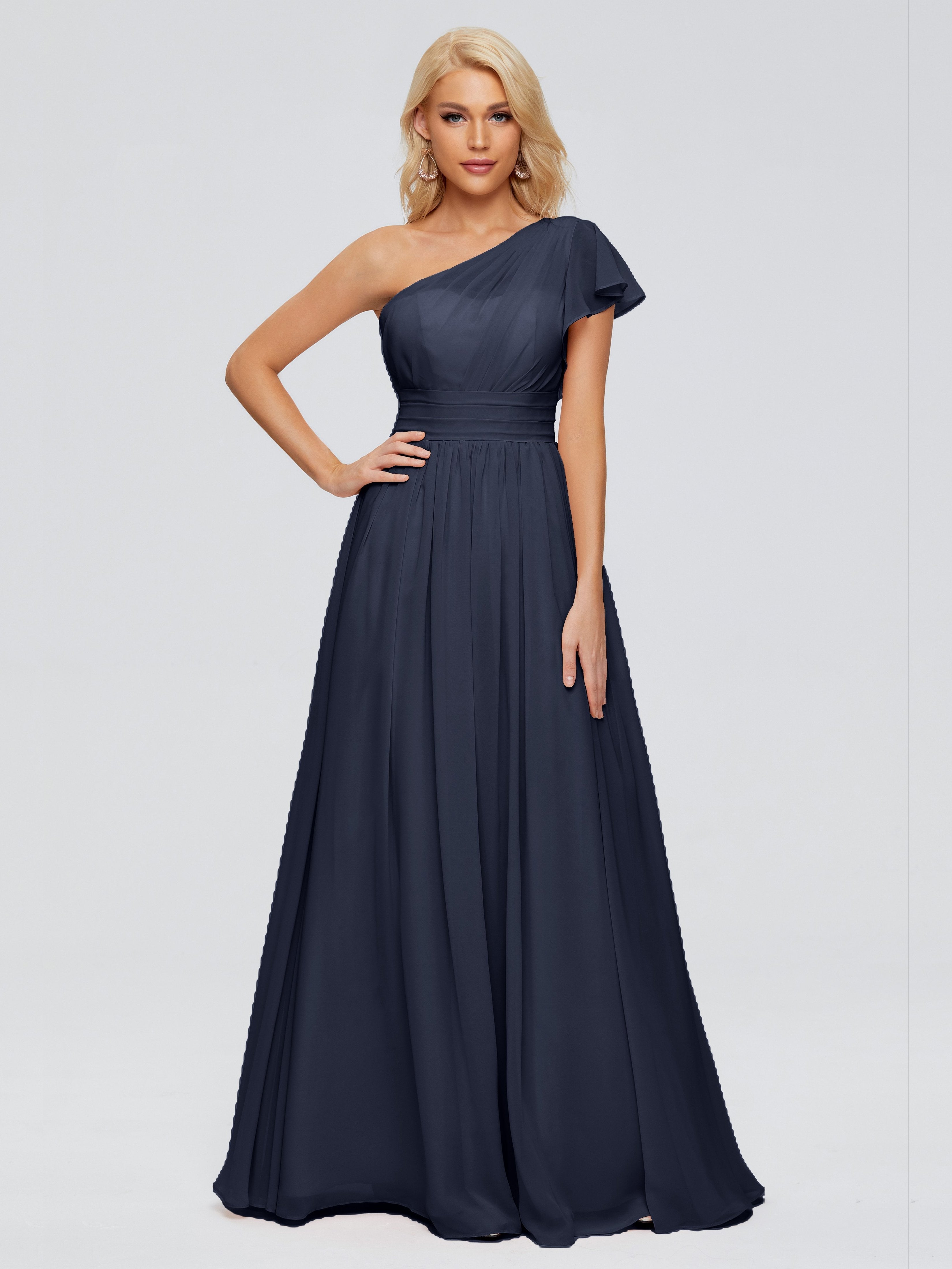 Dark Navy Blue Bridesmaid Dress Rylee Gorgeous One Shoulder Pleated Ch