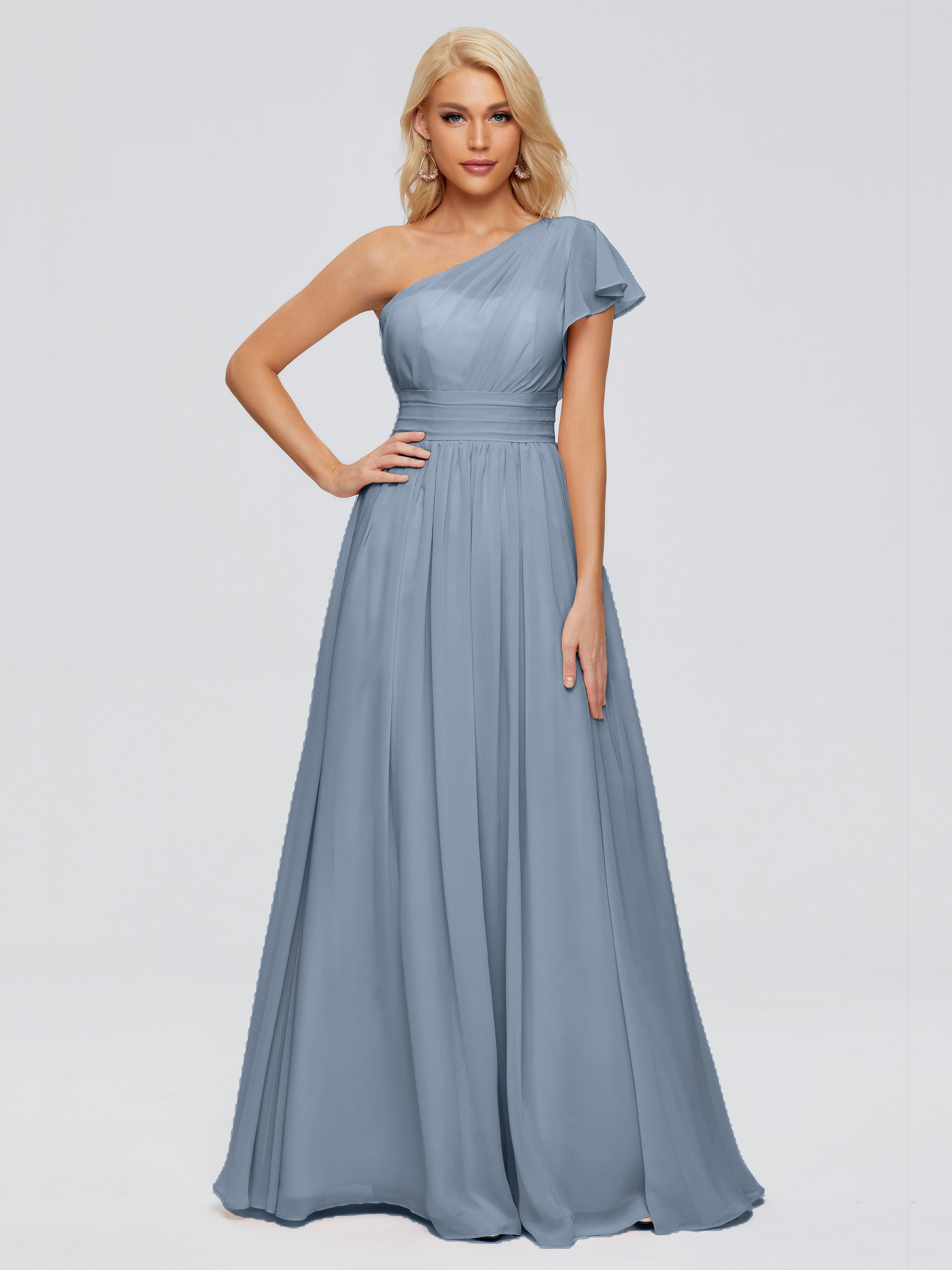 Dusty Blue Bridesmaid Rylee Gorgeous One Shoulder Pleated Chiffon Brid