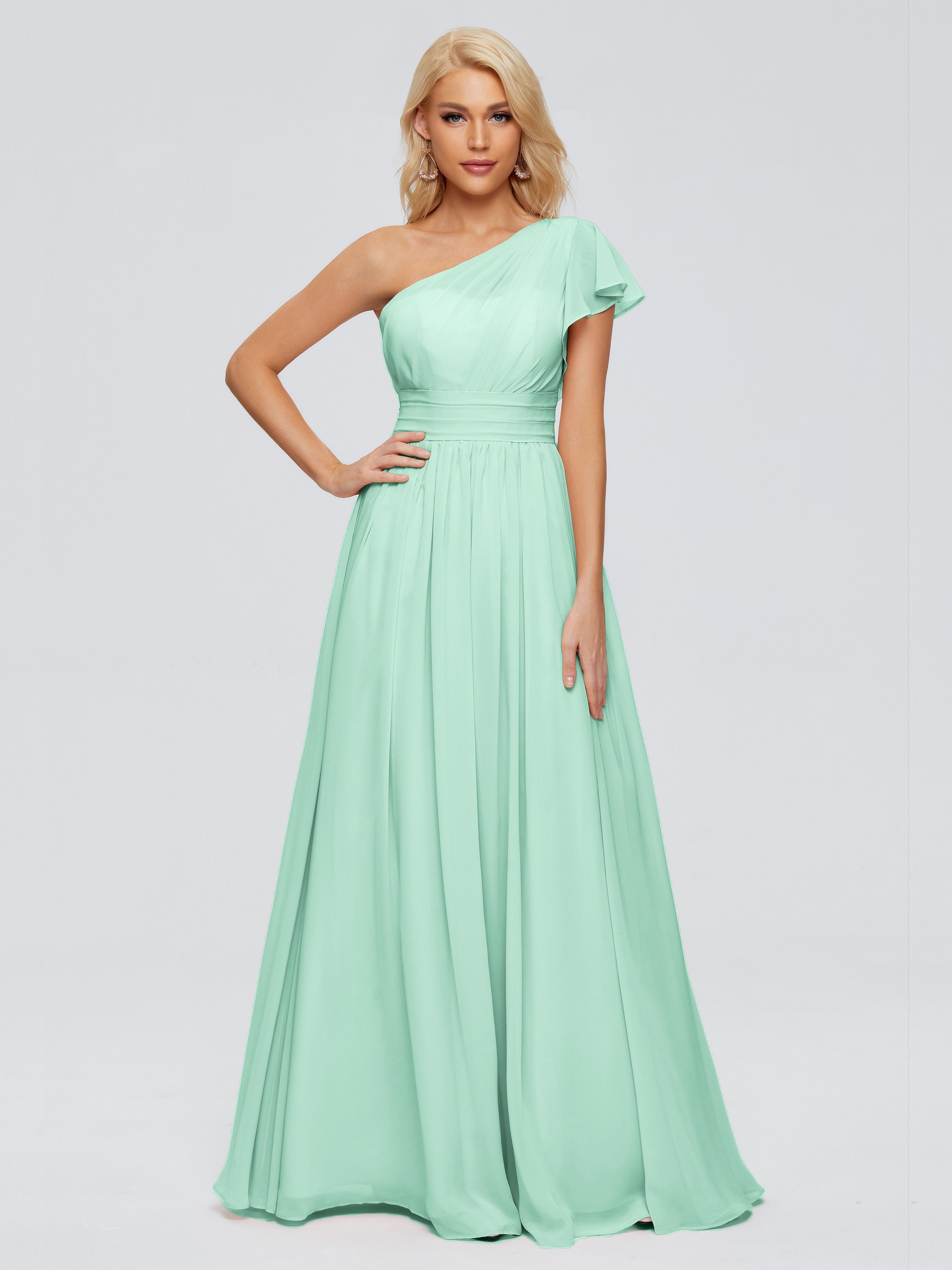 Mint Green Bridesmaids Dress Rylee Gorgeous One Shoulder Pleated Chiff