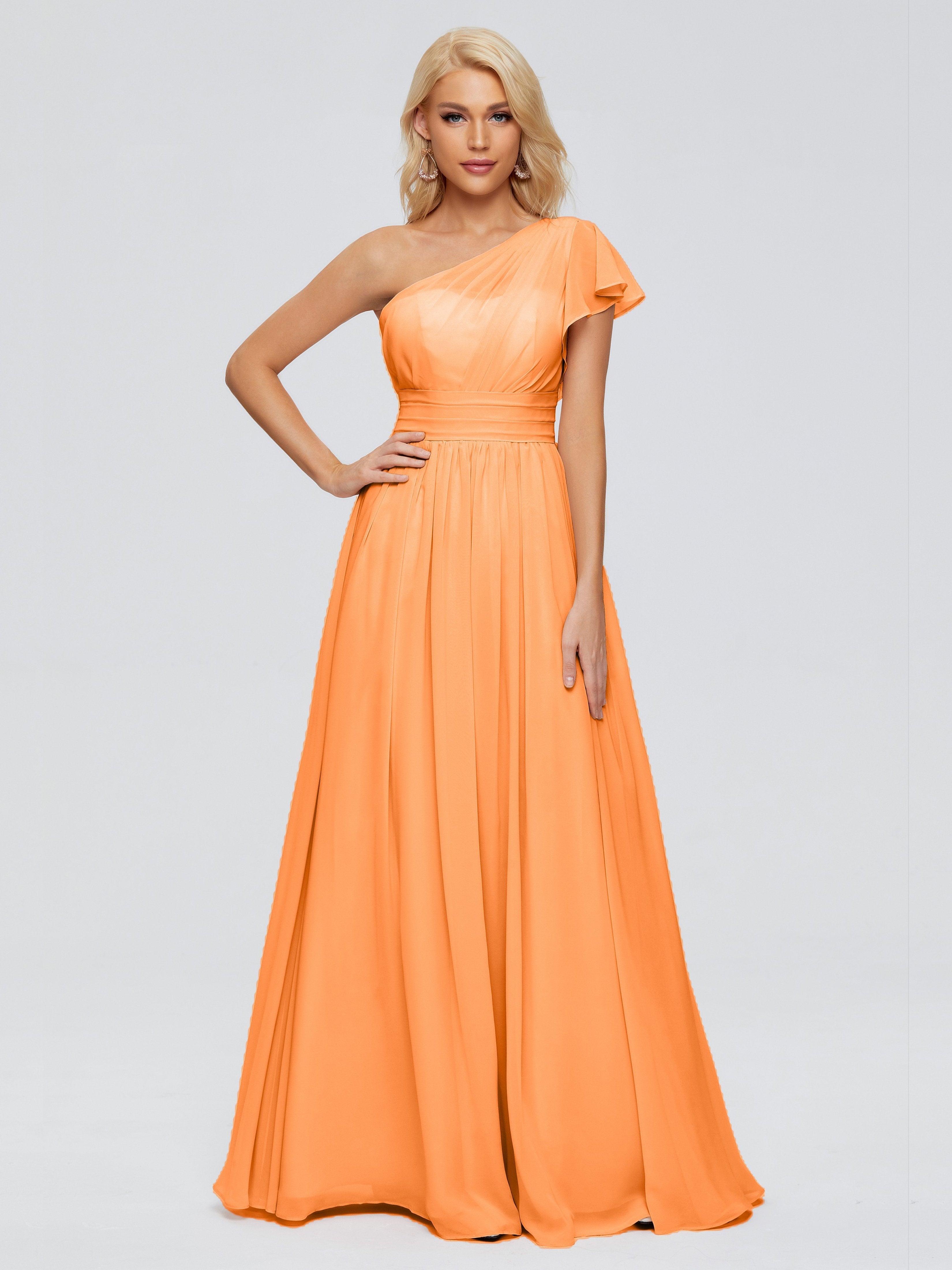 Orange Satin Bridesmaid Dresses Rylee Gorgeous One Shoulder Pleated Ch