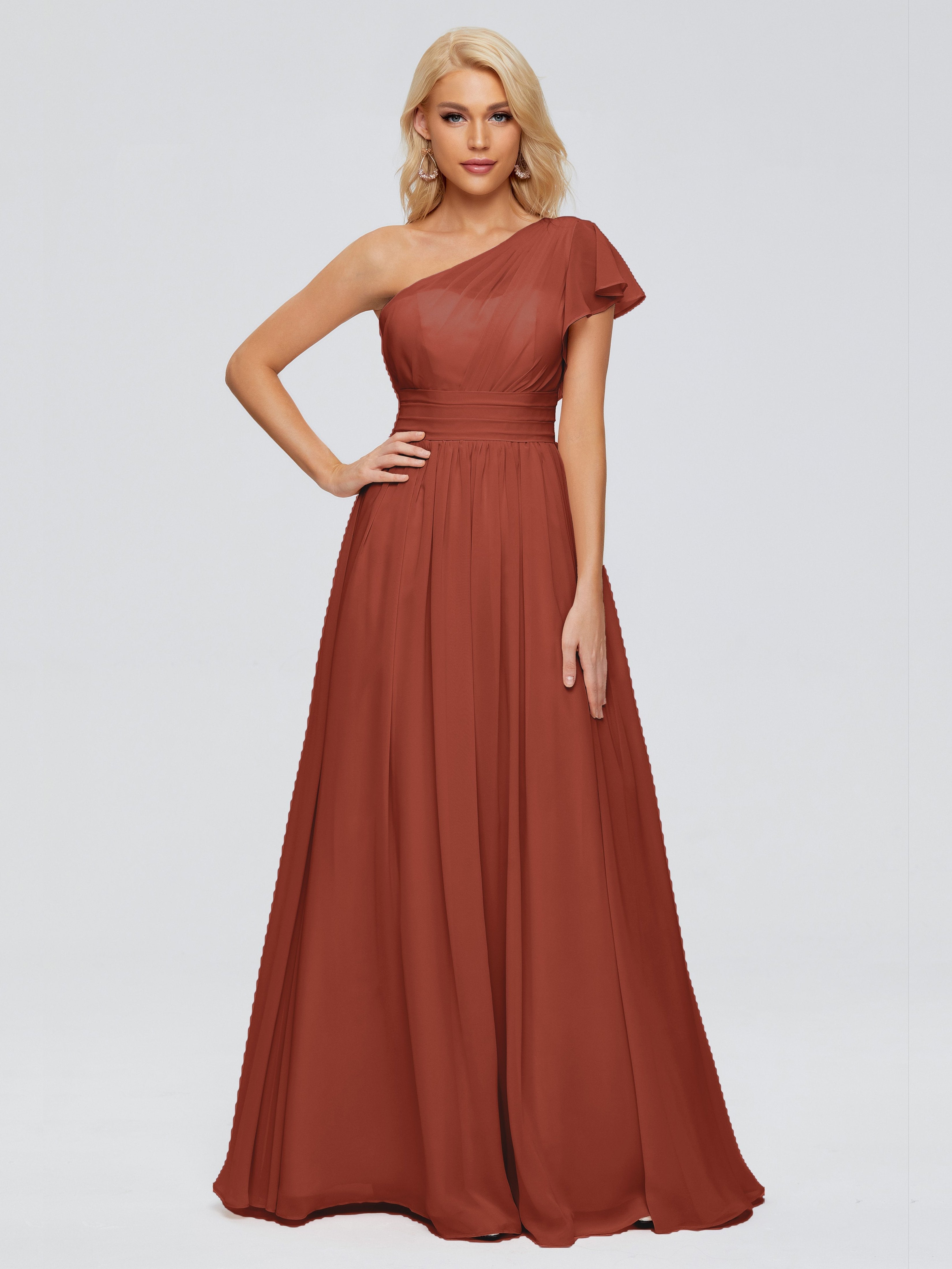 Rust Colour Bridesmaid Dresses Rylee Gorgeous One Shoulder Pleated Chi