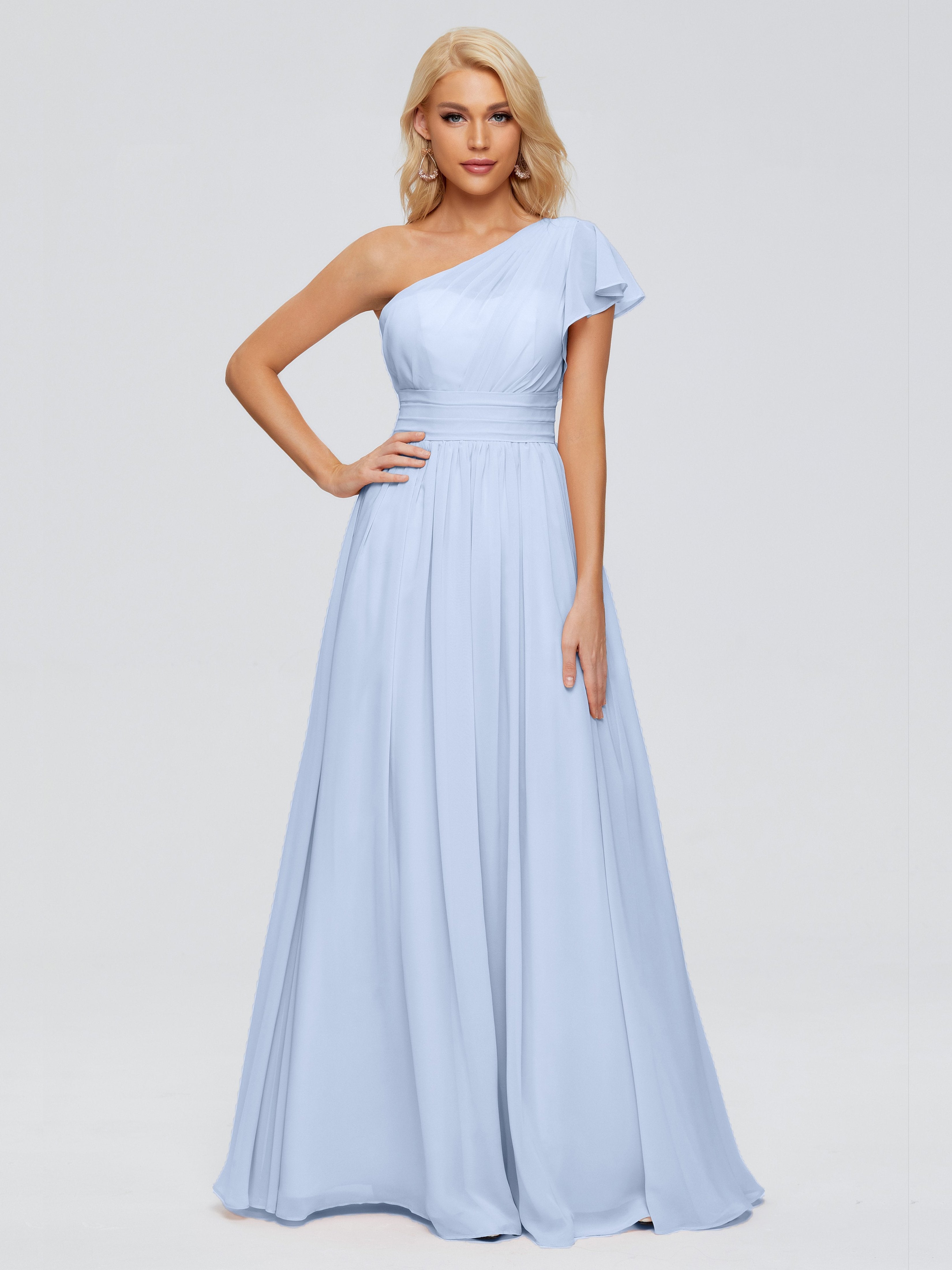 Sky Blue Bridesmaids Dresses Rylee Gorgeous One Shoulder Pleated Chiff