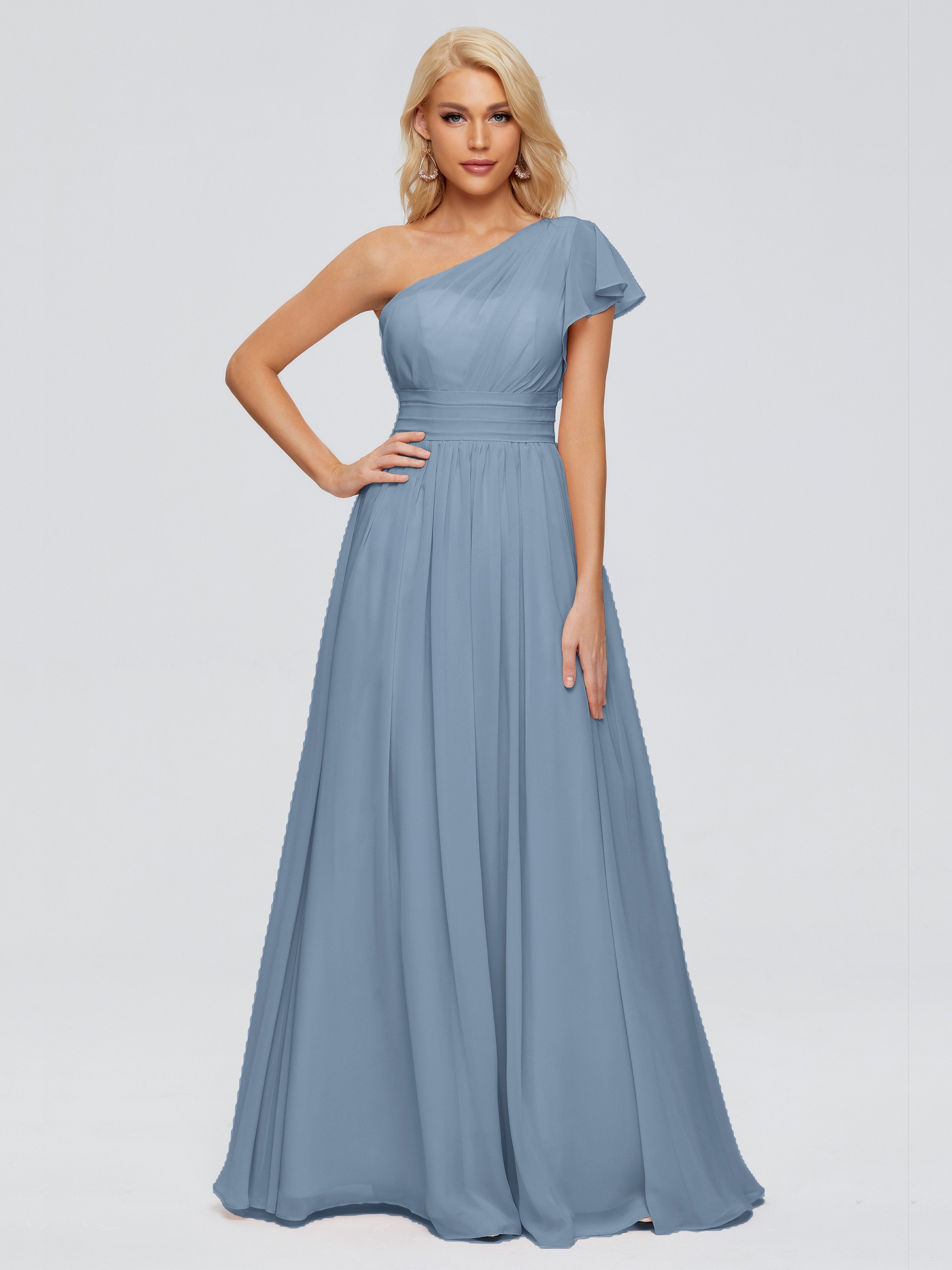 Slate Blue Bridesmaid Rylee Gorgeous One Shoulder Pleated Chiffon Brid