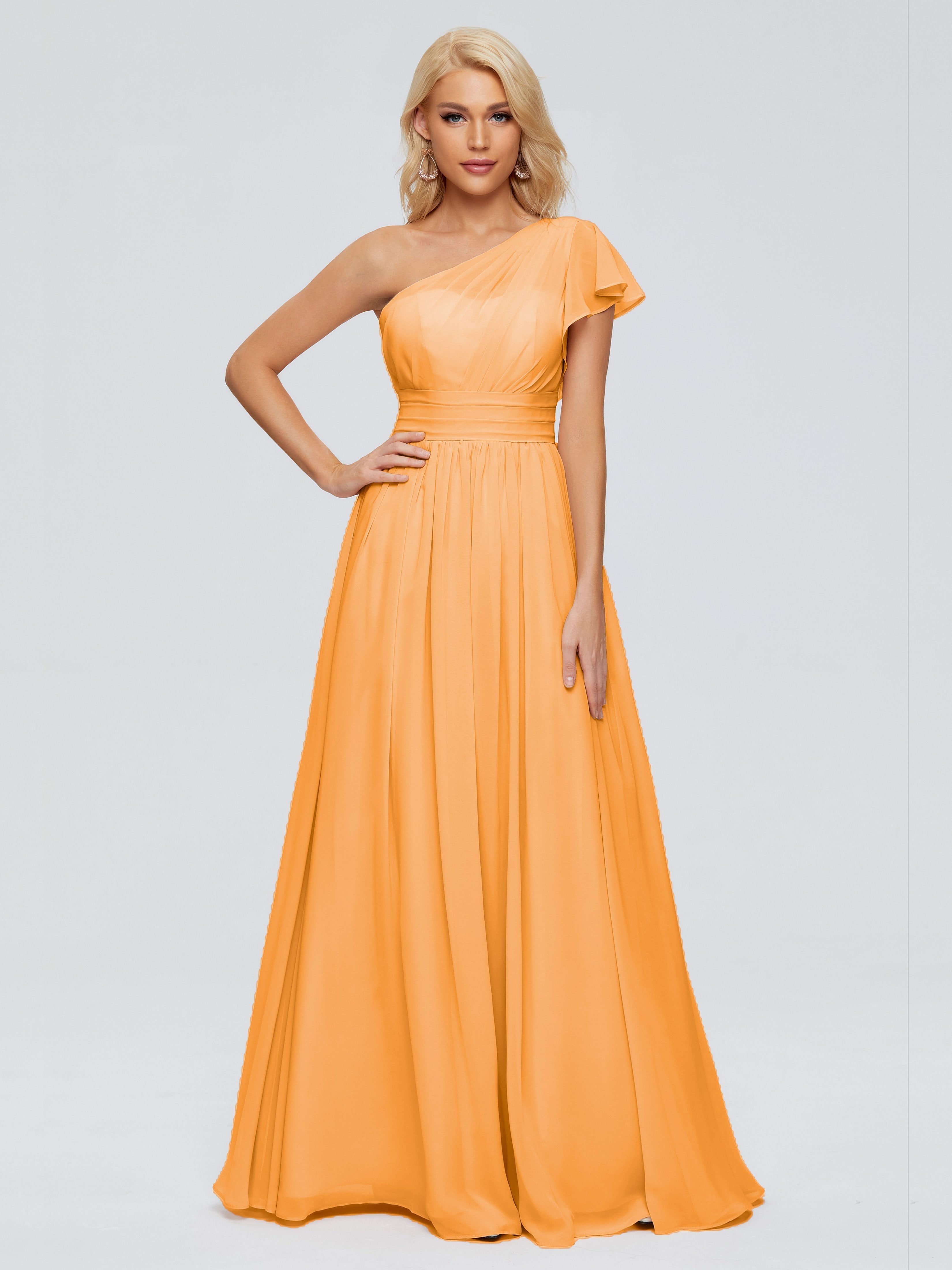 Tangerine Bridesmaids Dress Rylee Gorgeous One Shoulder Pleated Chiffo