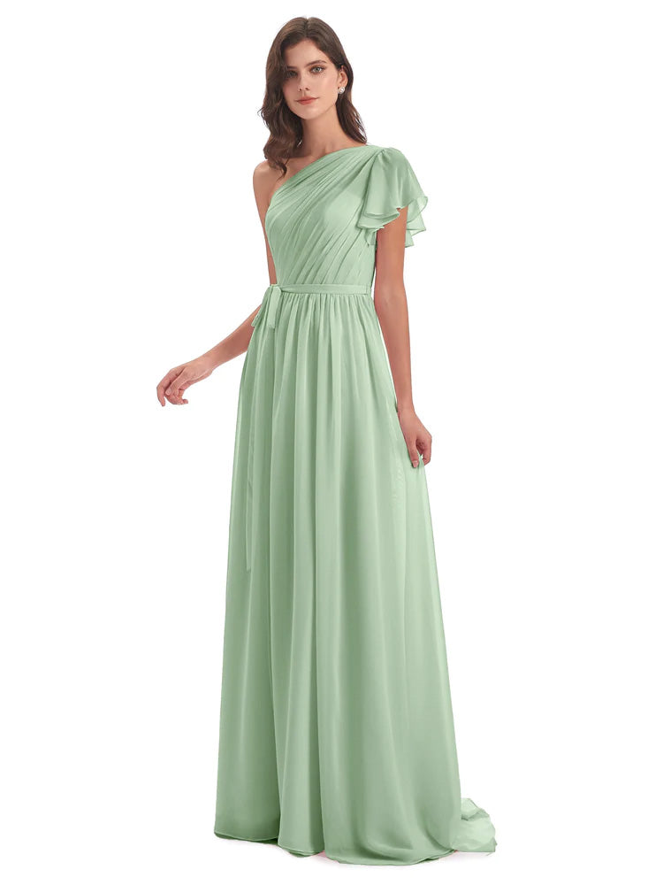 Dusty Sage Chiffon Bridesmaid Dresses Gemma Vintage Sweep-Brush Train