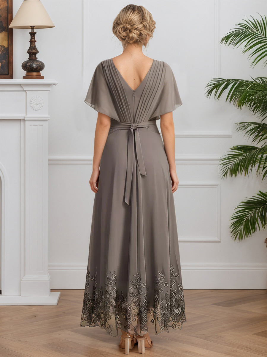 Cicinia Grey Mother Of The Bride Dresses Lace Chiffon A-Line V-Neck Long Short Sleeves