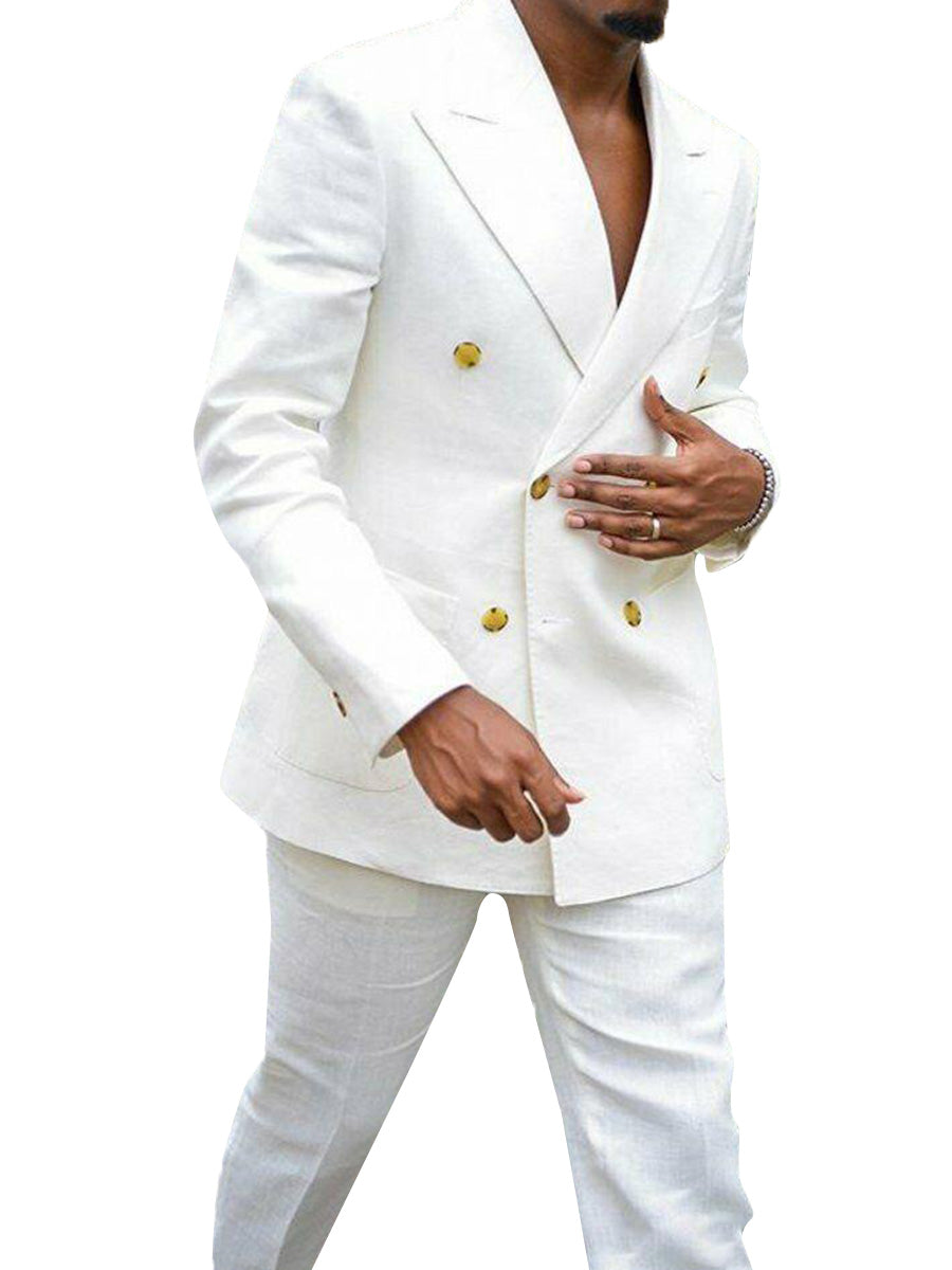 Best Slim Fit Double Breasted 2 Pieces White Men's Suits Solid Color Man Suit