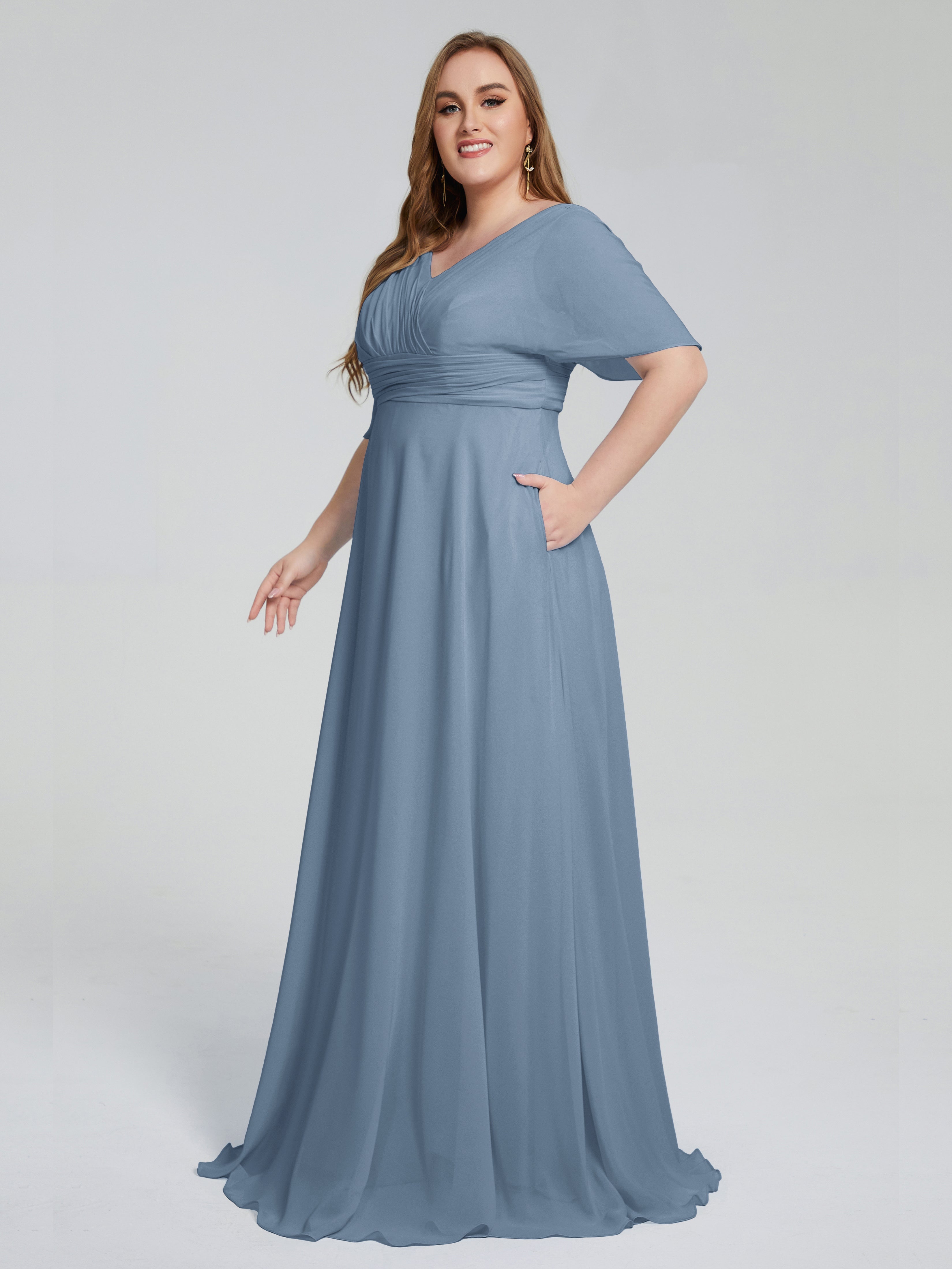 Slate Blue Bridesmaids Daniela Elegant Short Sleeves Plus Size Bridesm