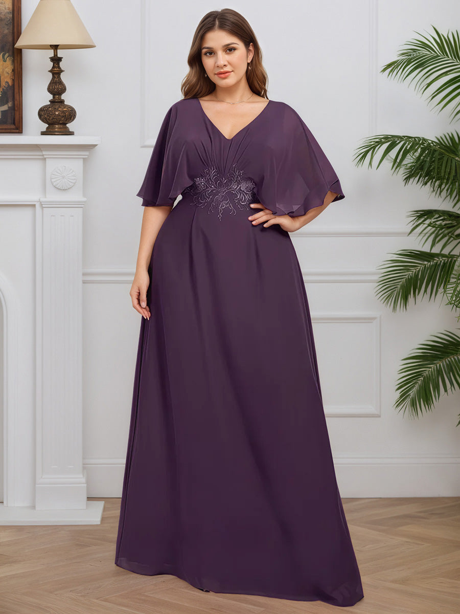 Cicinia Plum Mother Of The Bride Dresses Chiffon Lace A-Line V-Neck Half Sleeves Plus Size