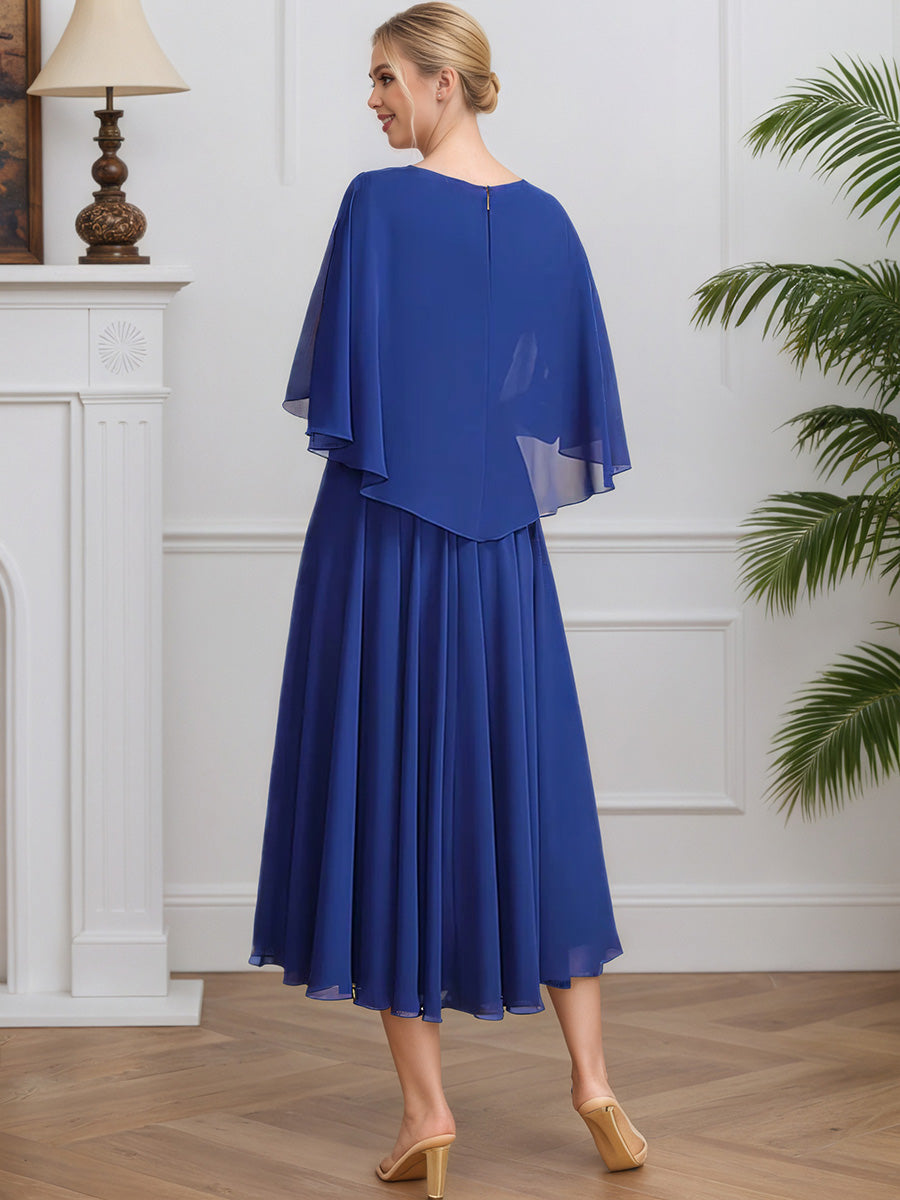 Cicinia Royal Blue Mother Of The Bride Dresses Chiffon Lace V-Neck Long A-Line Tea Length