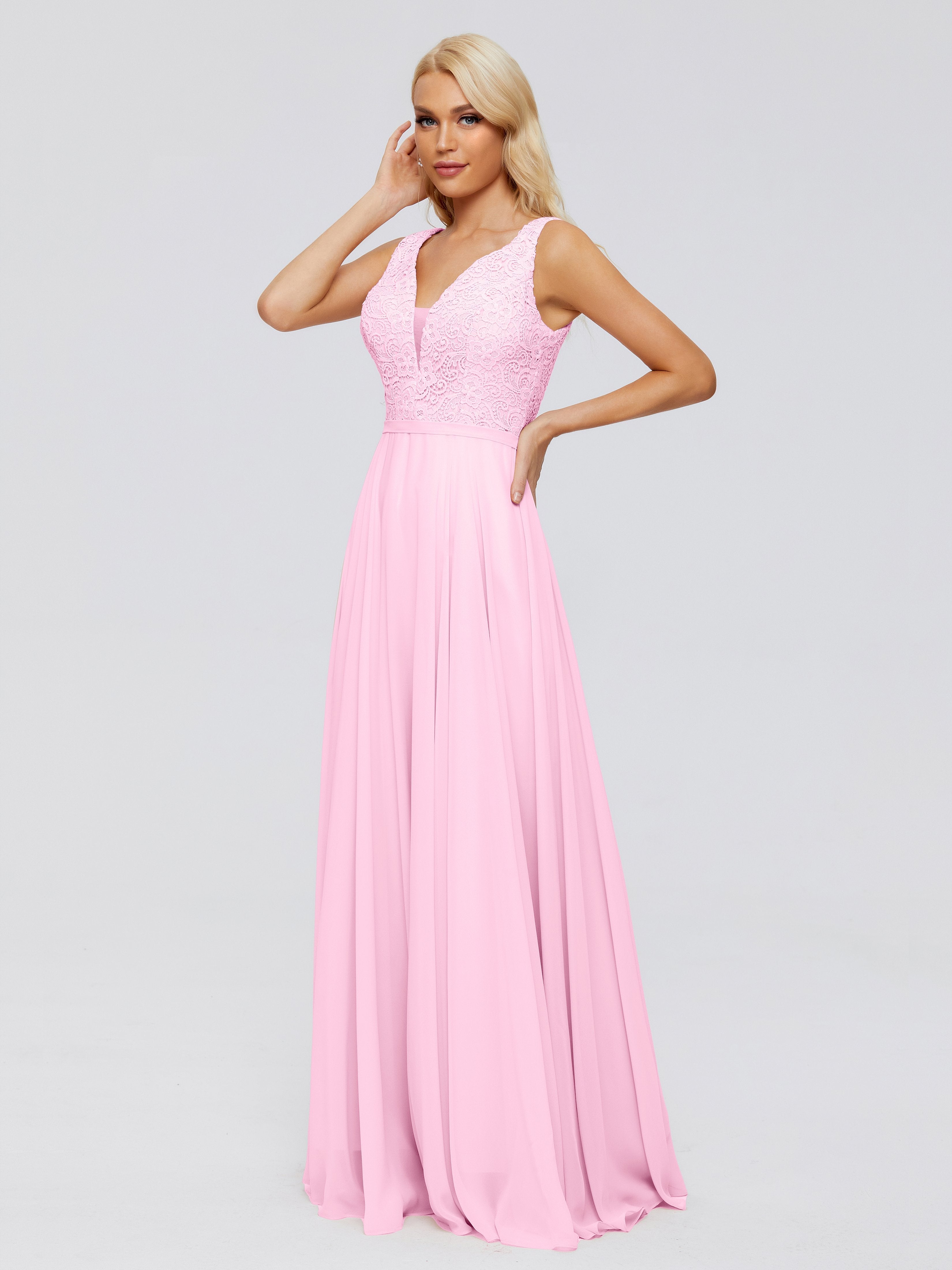 Cotton Candy Pink Bridesmaid Dress Eliza A-Line V Neck Flowy Chiffon B