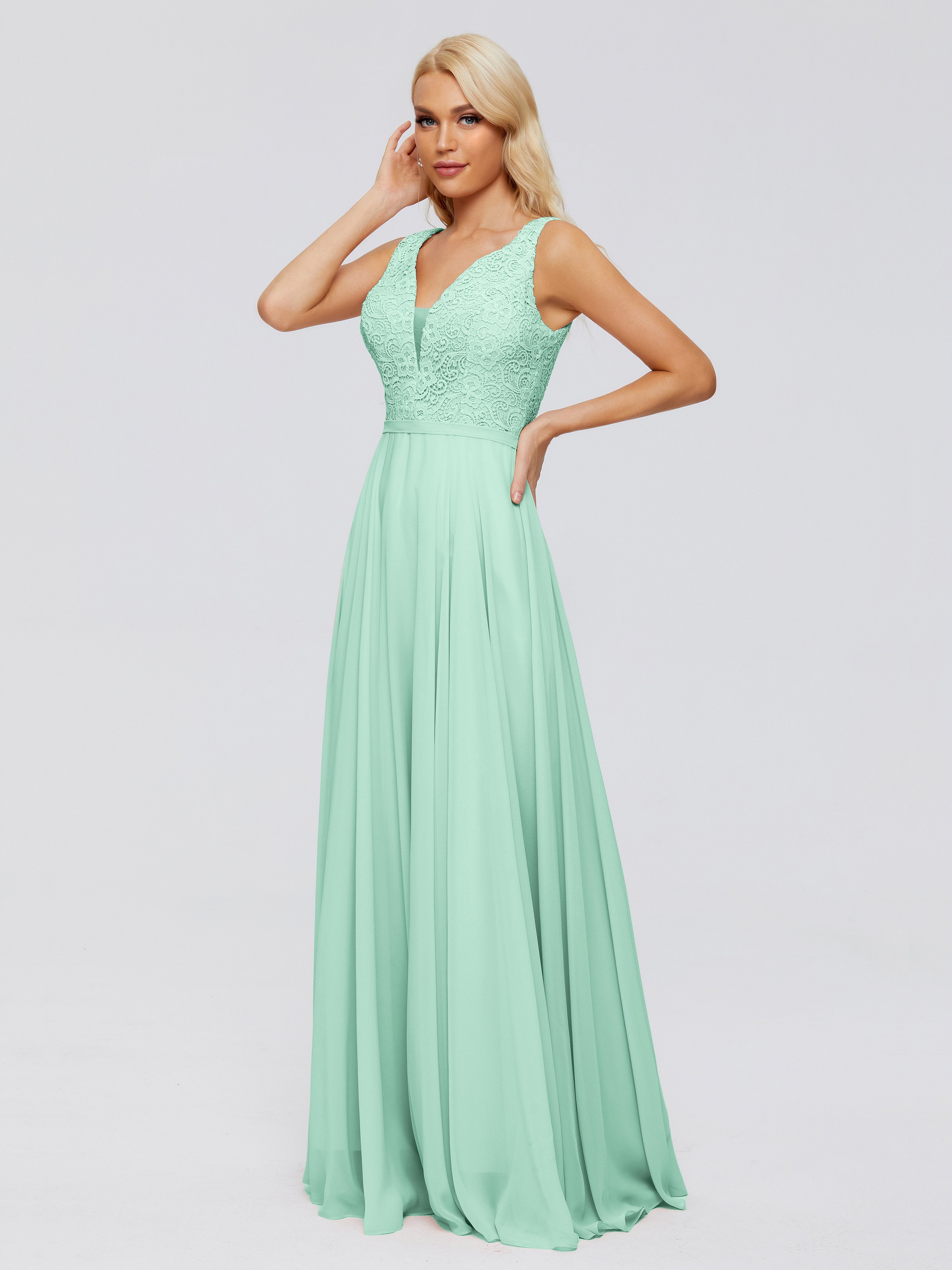 Bridesmaid Mint Green Dress Eliza A-Line V Neck Flowy Chiffon Bridesma