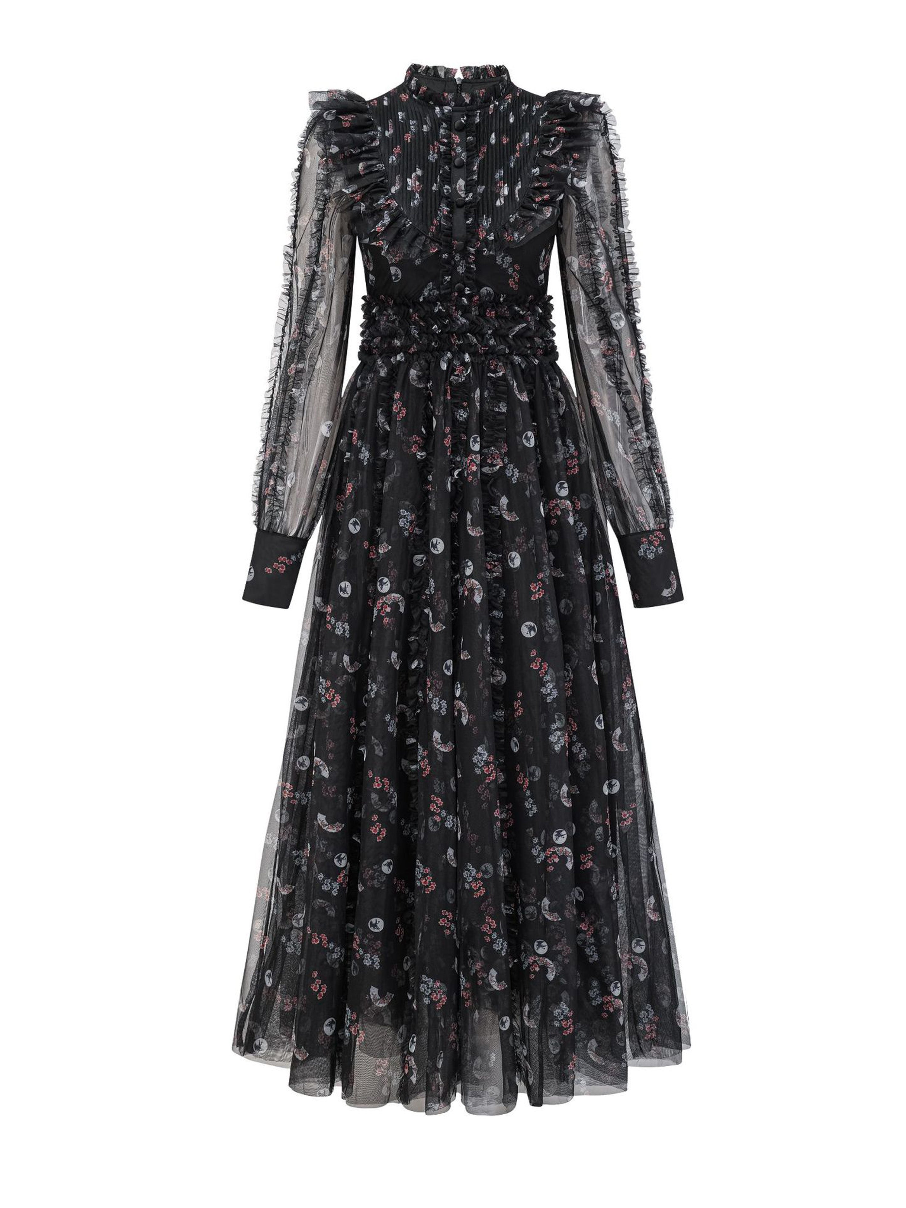 Elegant Black Ruffled Long Sleeve Floral Maxi Prom Dress
