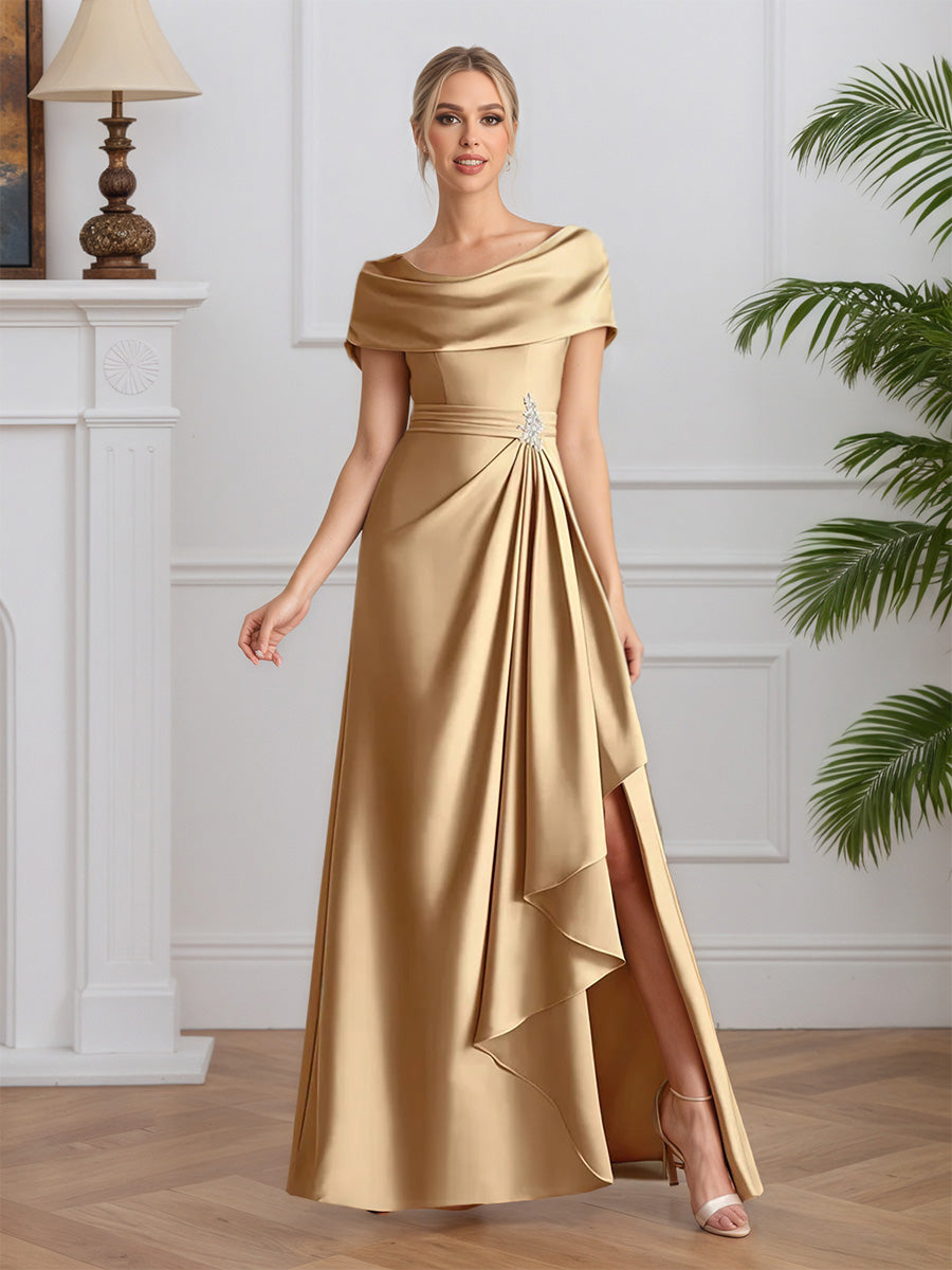 Cicinia Champagne Mother Of The Bride Dresses Soft Satin Cowl A-Line Slit Floor Length