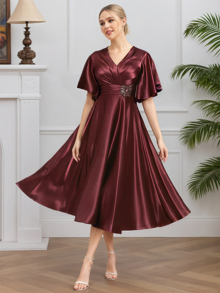 Cicinia Cabernet Mother Of The Bride Dresses Soft Satin Short Sleeves V-Neck A-Line Tea Length