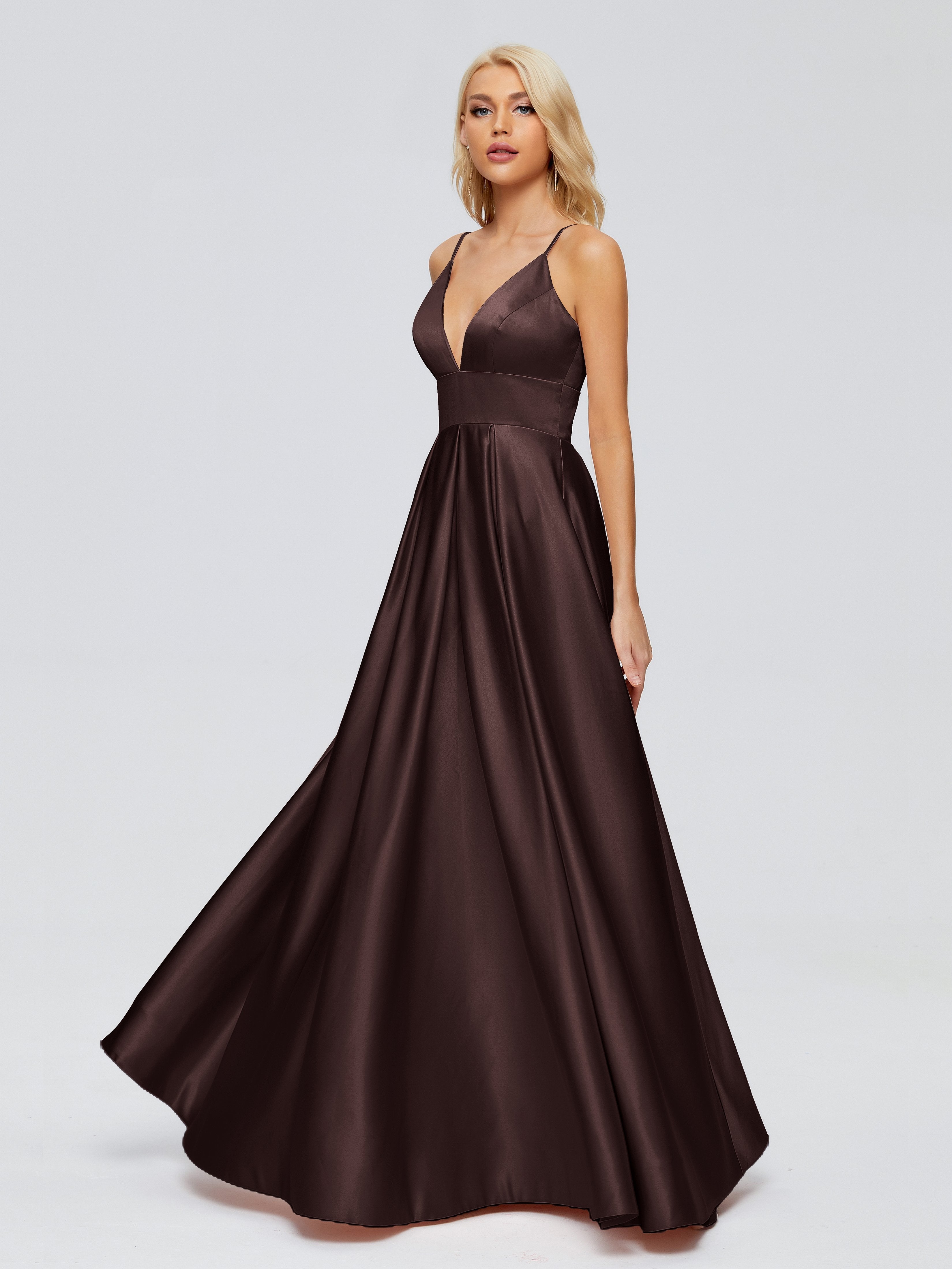 Brown Chocolate Bridesmaid Dress Spaghetti Straps Satin Long Bridesmai