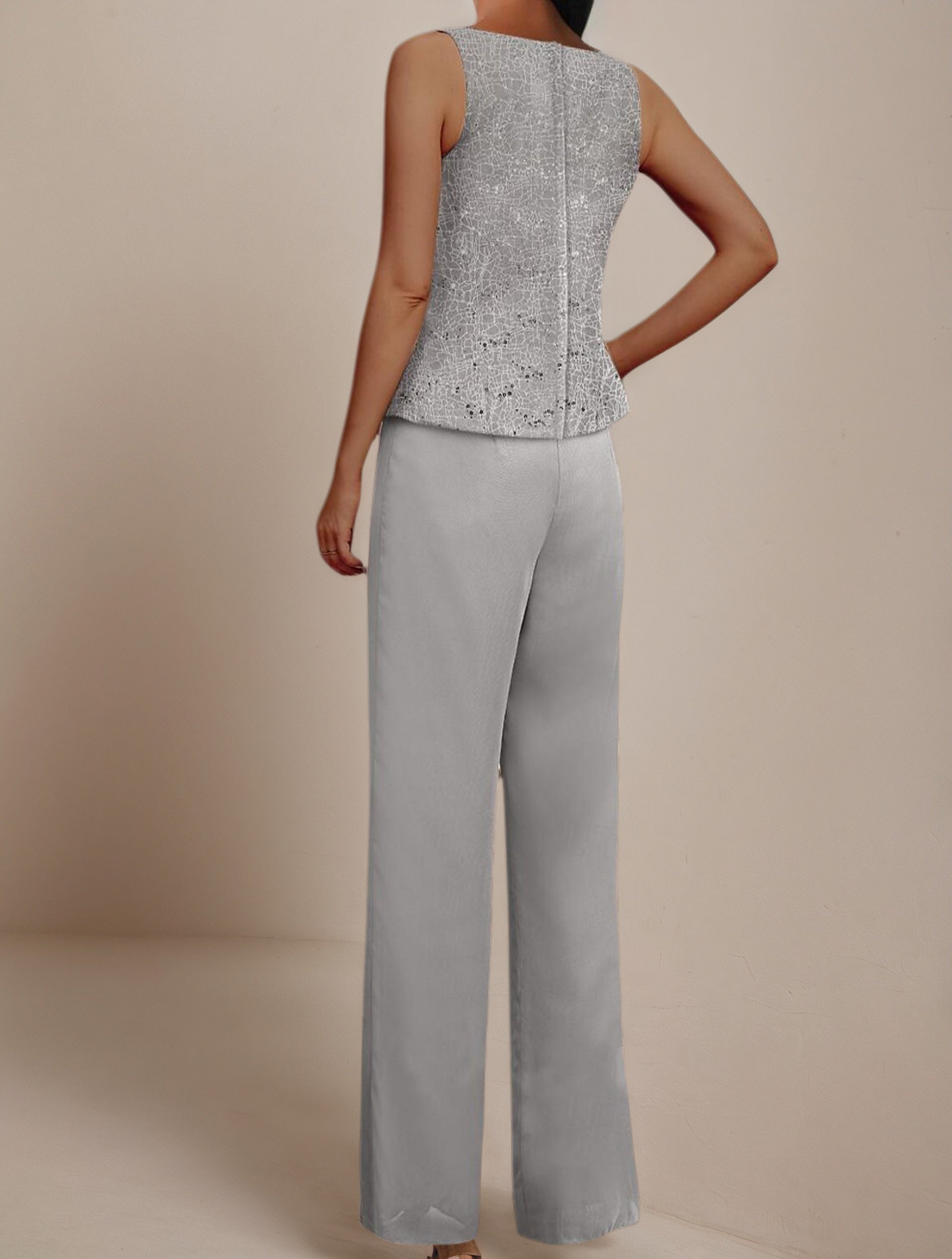 3 Piece Lace Scoop Long Sleeves Chiffon Silver Mother Of The Bride Dress Pants Suits