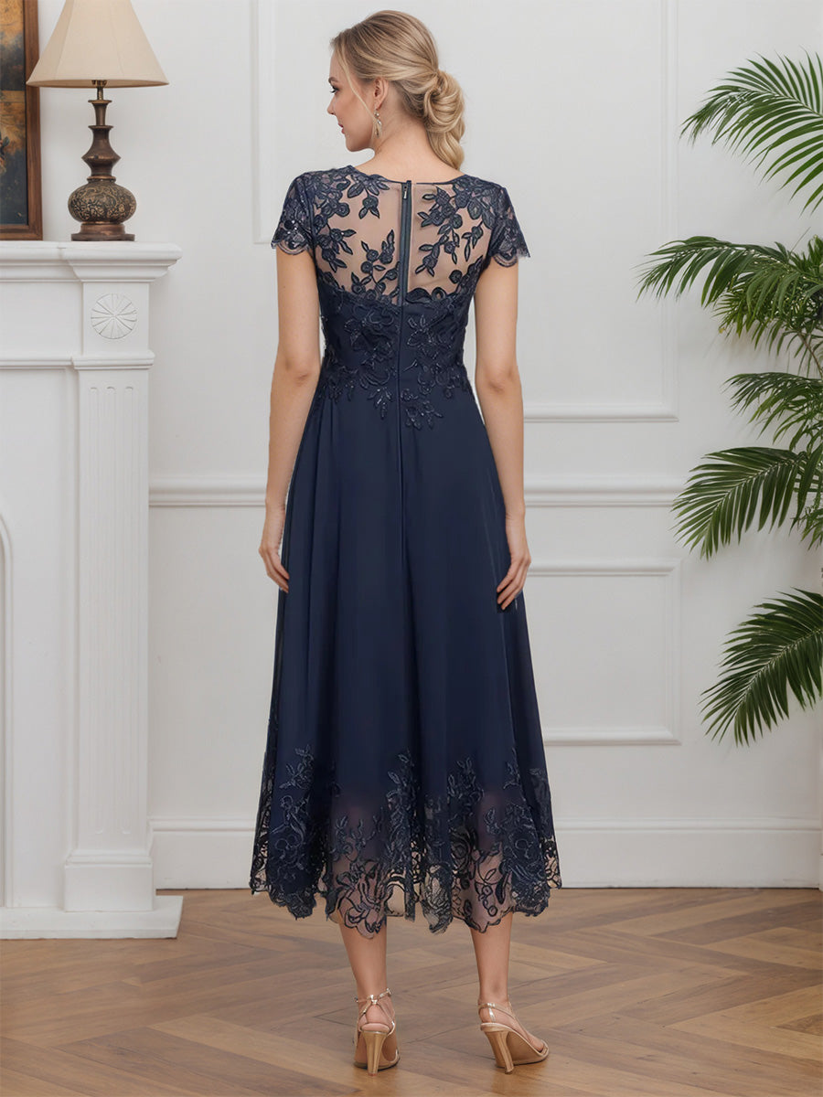 Cicinia Dark Navy Mother Of The Bride Dresses Chiffon Lace A-Line Cap Sleeves Tea Length Plus Size