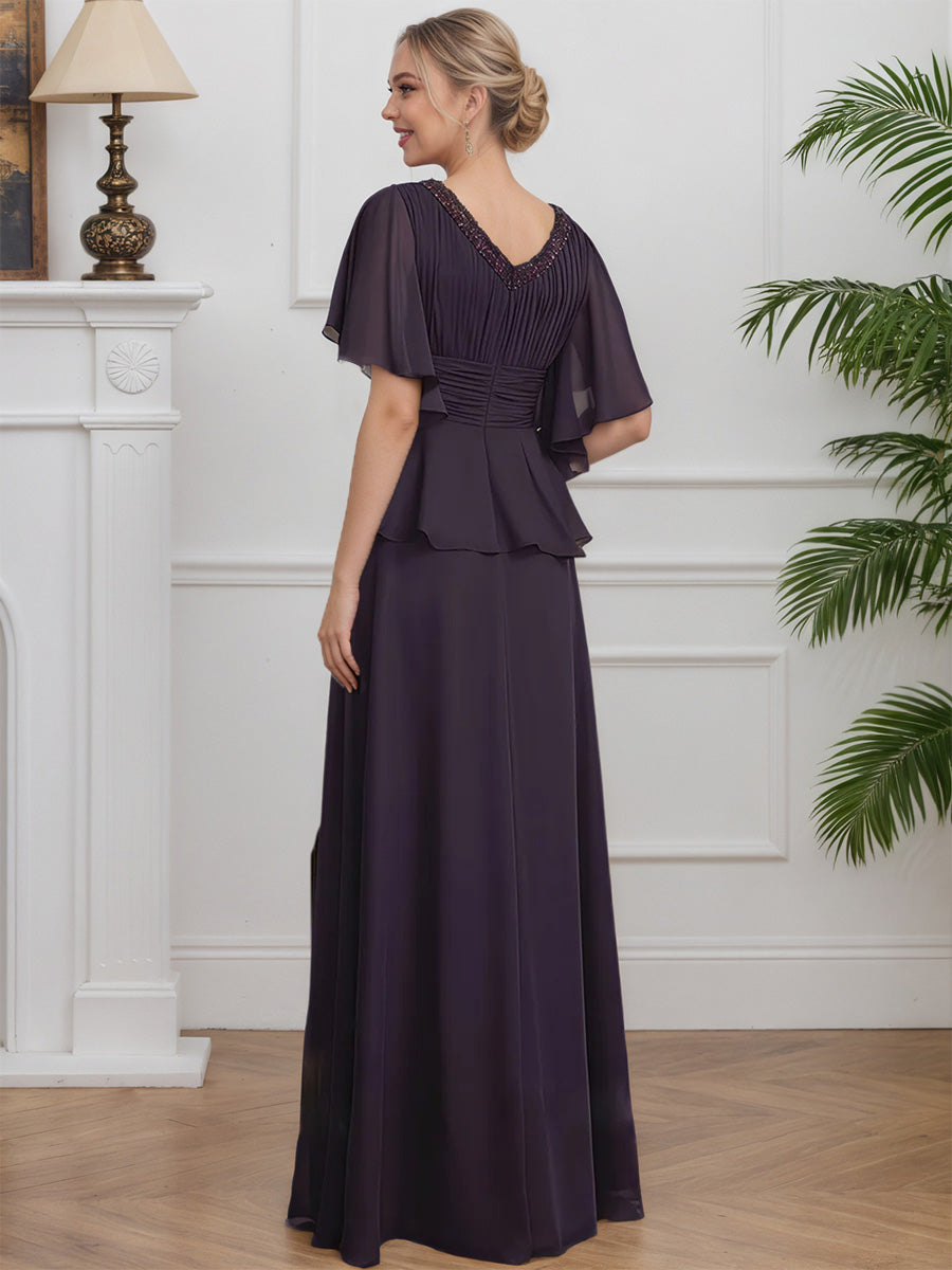 Cicinia Plum Mother Of The Bride Dresses Chiffon A-Line Beading V-Neck Short Sleeves