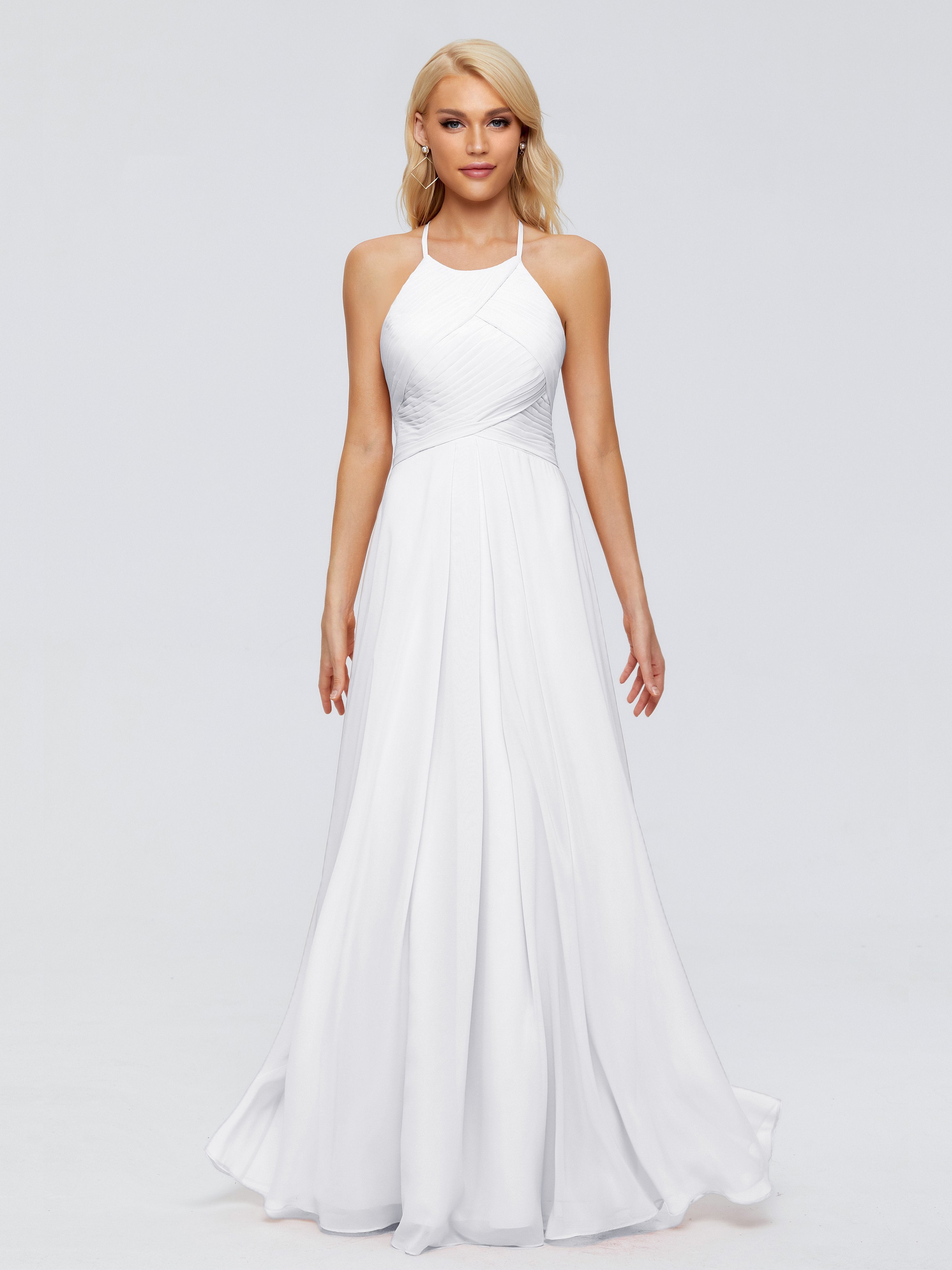 Elegant White Bridesmaid Dresses Finley Charming Halter Ruched Chiffon