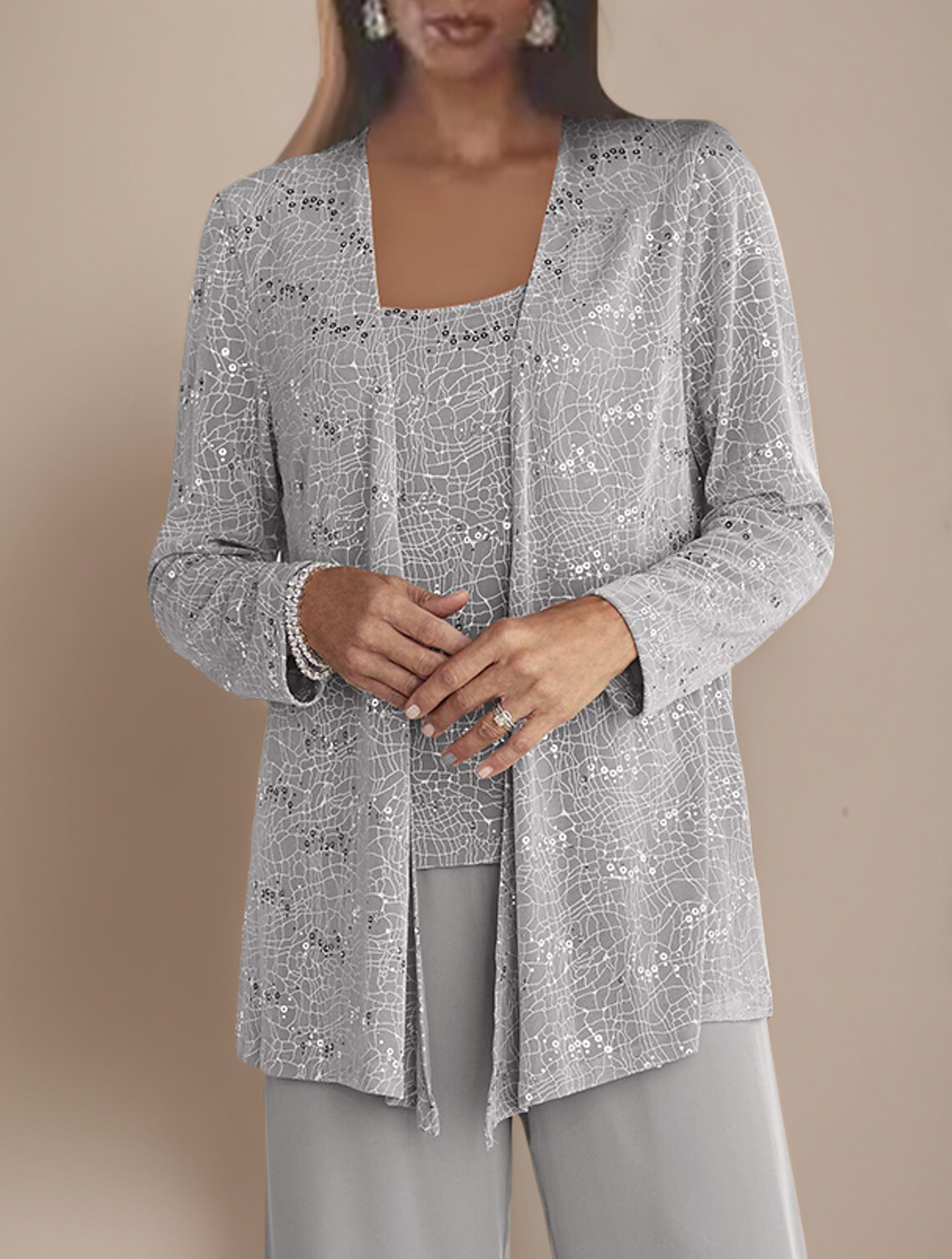 3 Piece Lace Scoop Long Sleeves Chiffon Silver Mother Of The Bride Dress Pants Suits