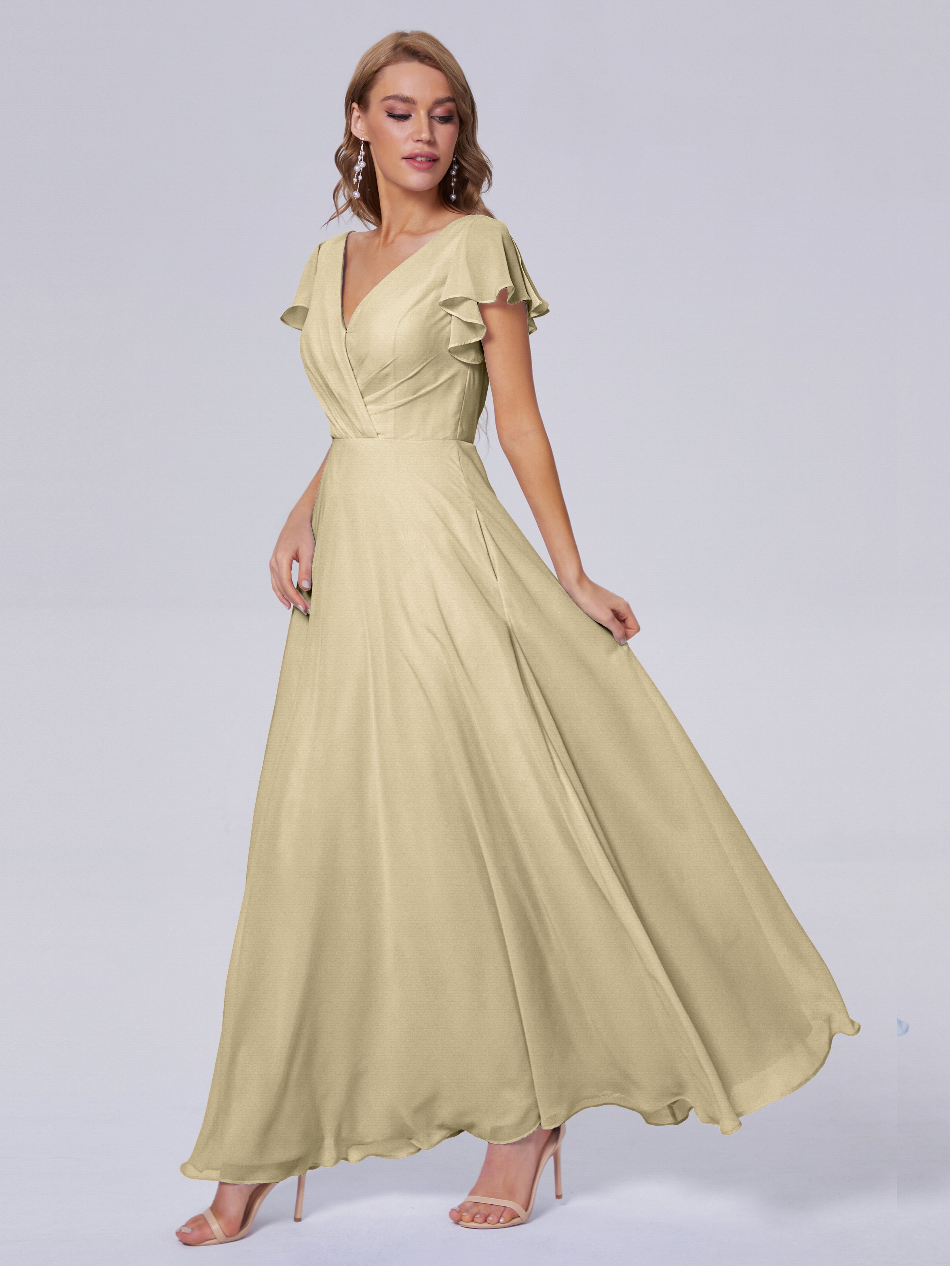 Champagne Coloured Dresses Bridesmaid Genevieve Ruffles V Neck Long Br
