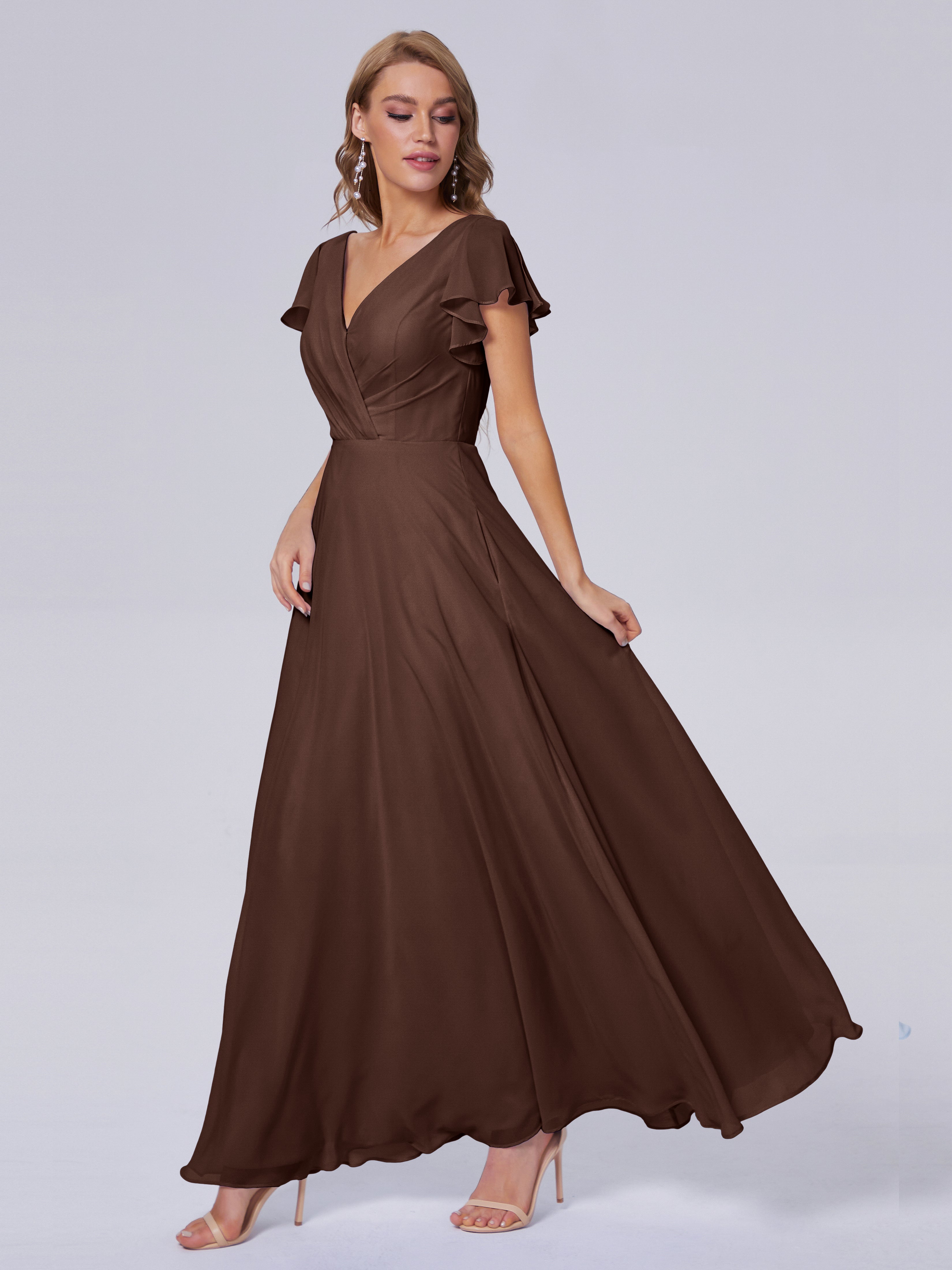 Brown Chocolate Bridesmaid Dress Genevieve Ruffles Charmeuse Deep V Ne