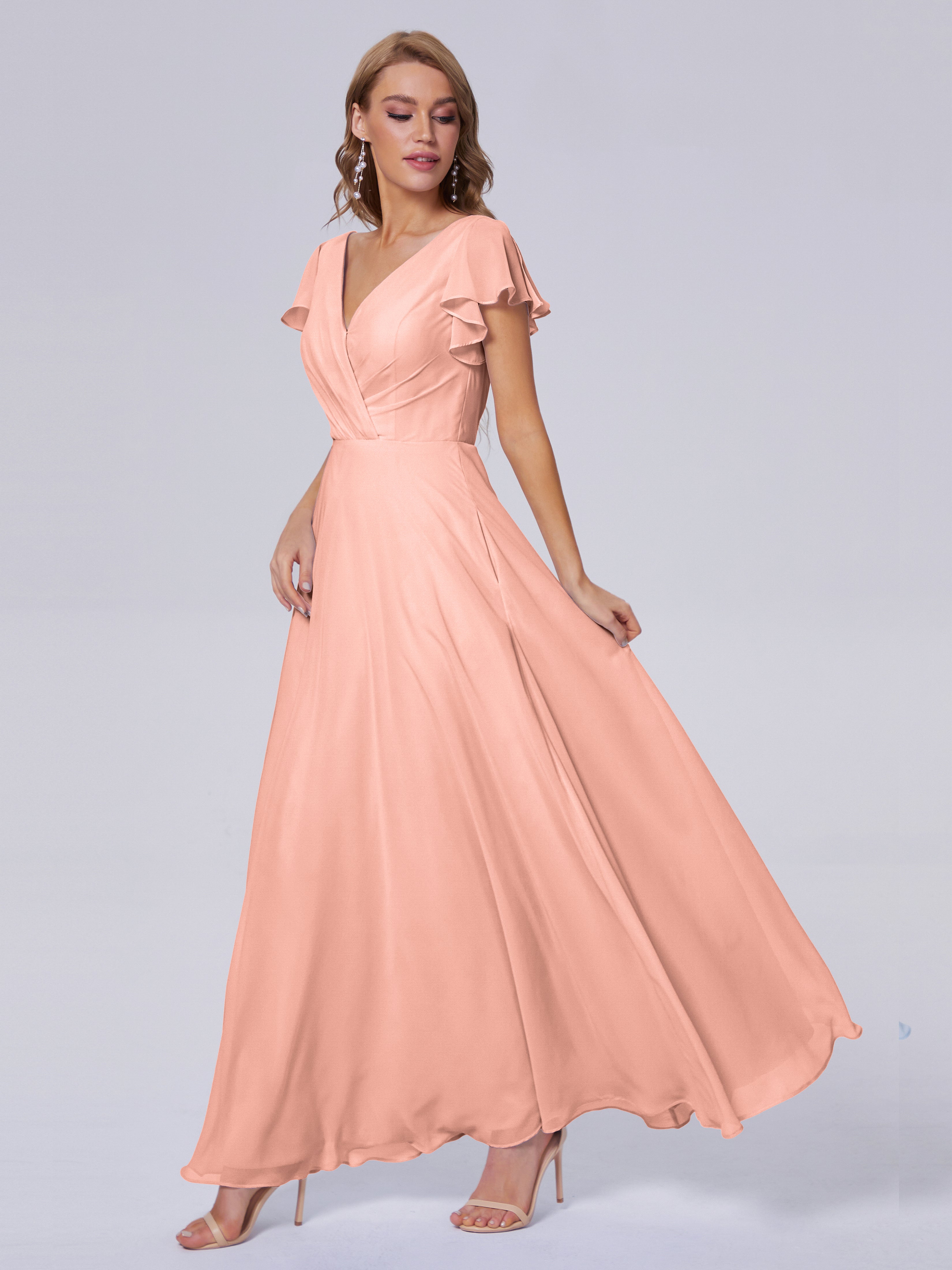 Coral Bridesmaid Dresses Etsy Genevieve Ruffles Charmeuse Deep V Neck