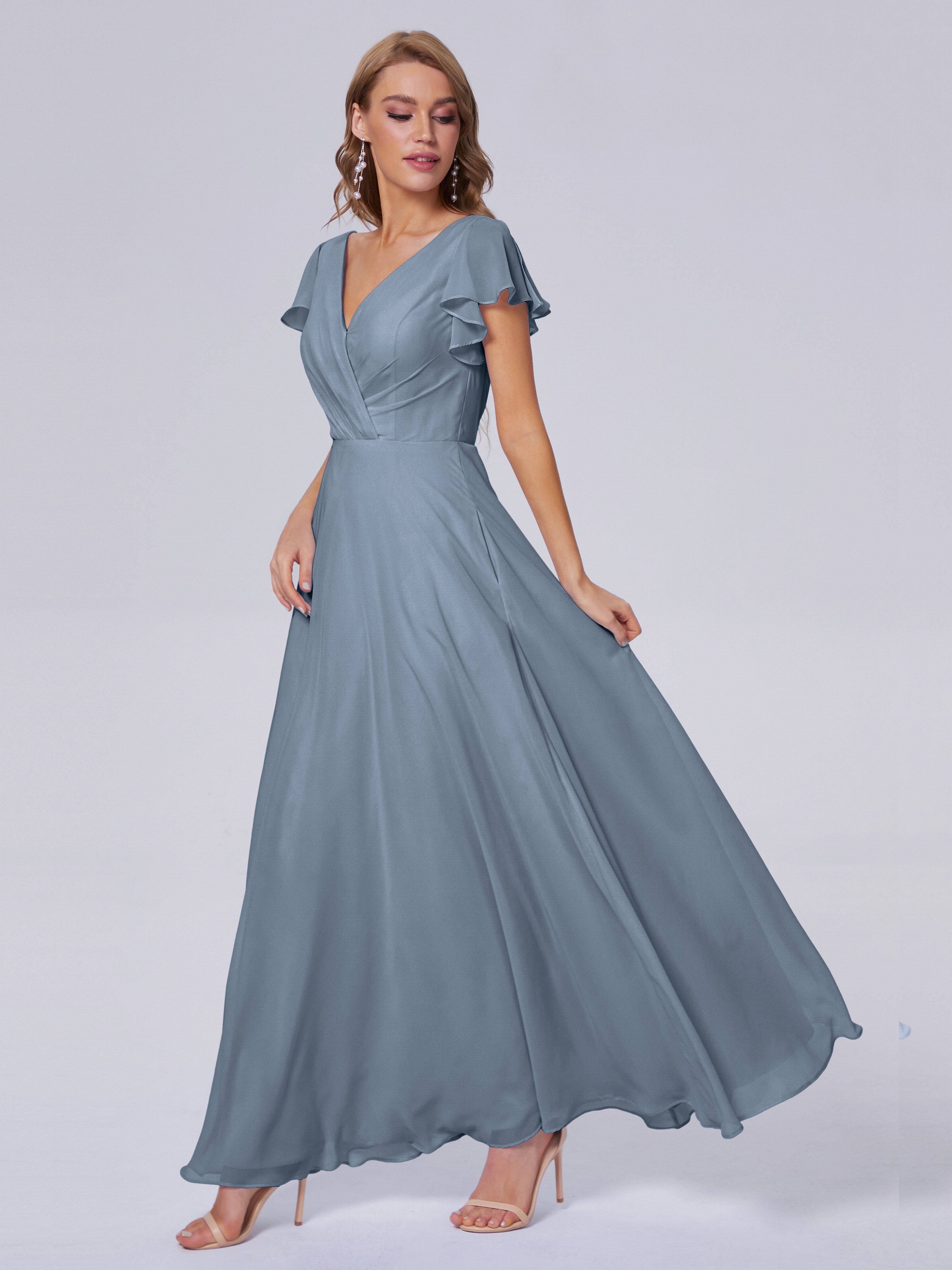 Long Dusty Blue Bridesmaid Dress Genevieve Ruffles A Line V Neck Floor