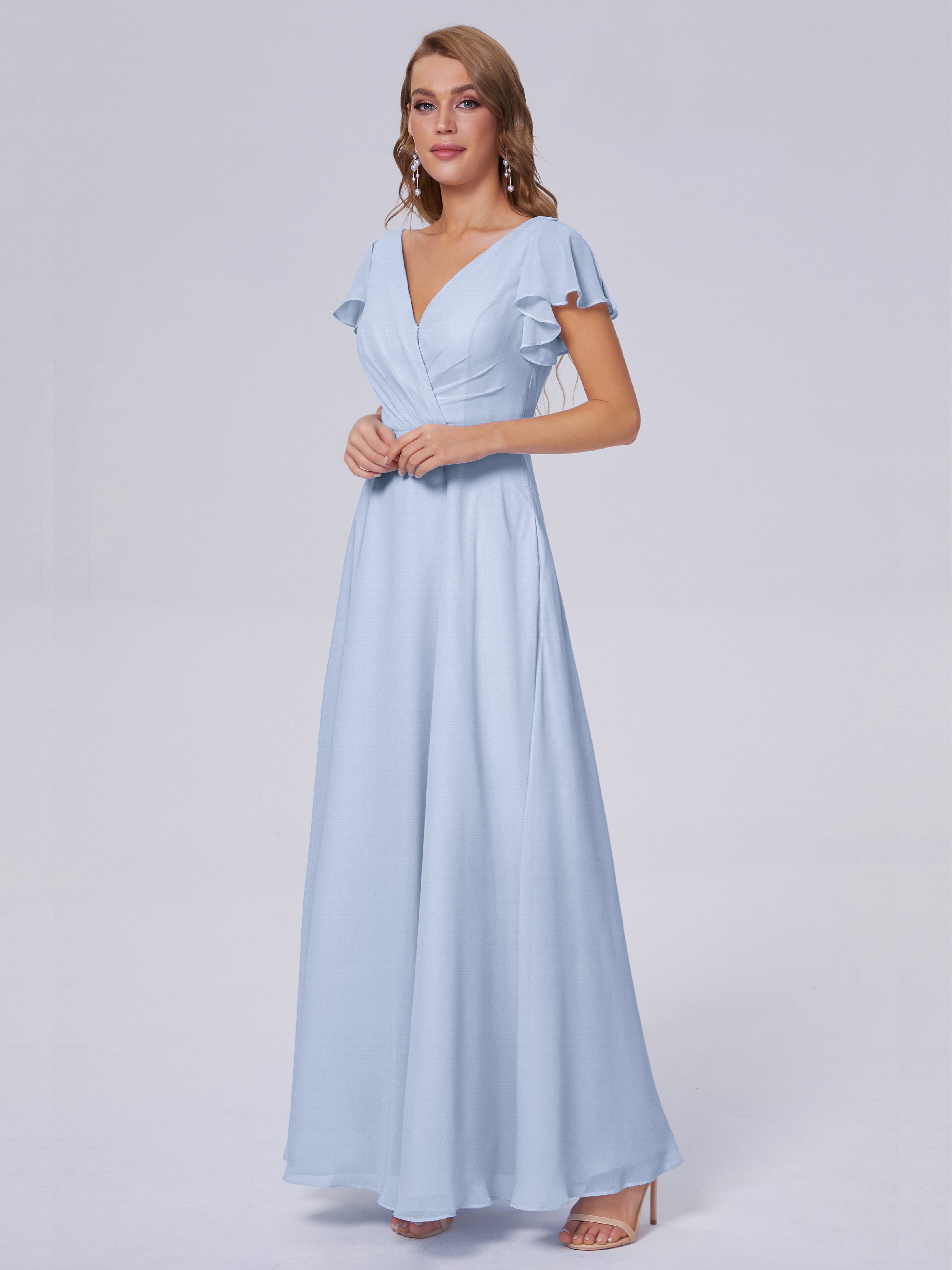 Sky Blue Wedding Bridesmaid Dress Genevieve Ruffles v neck floor lengt