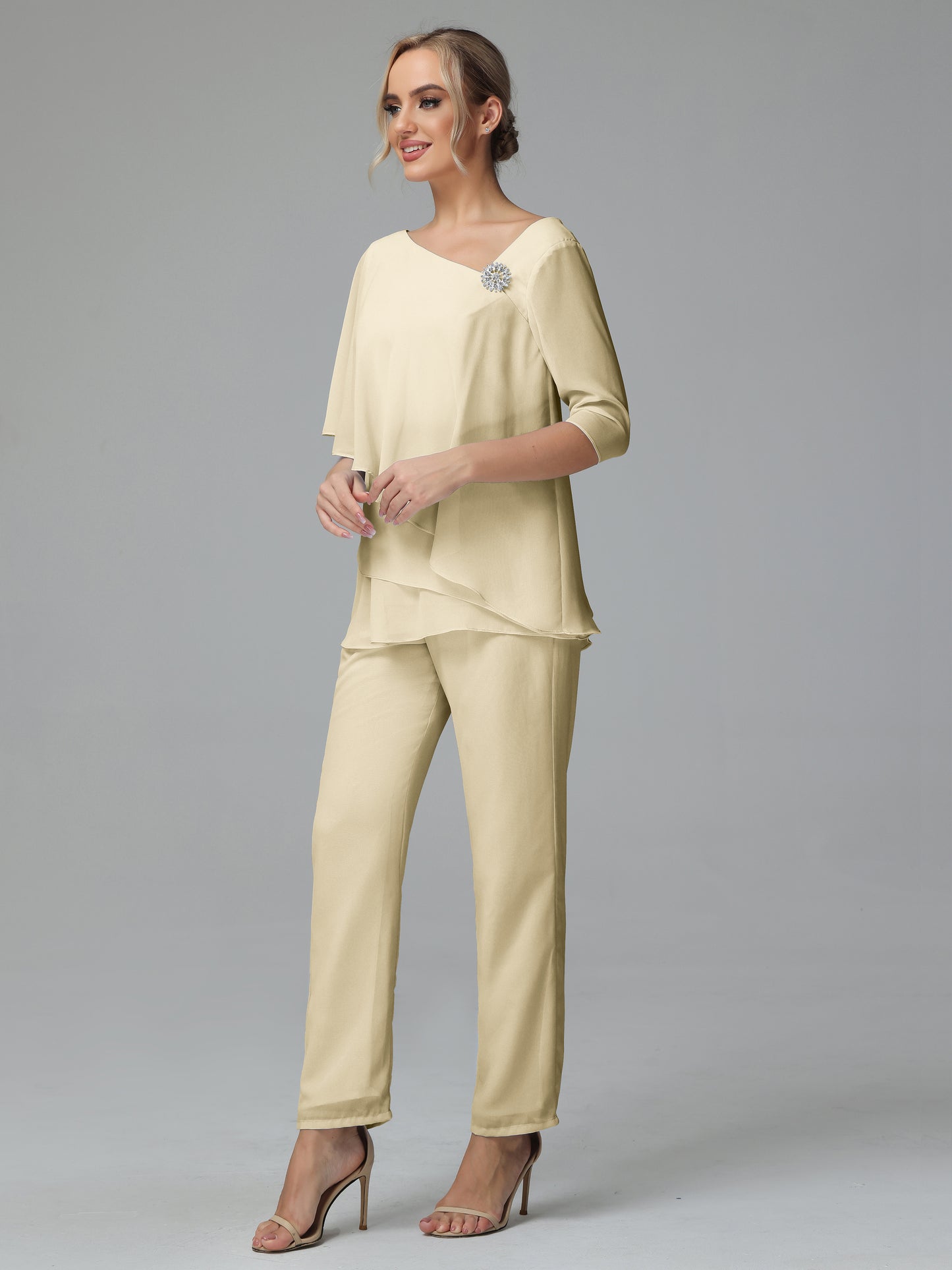 Half Sleeves Chiffon Mother of the Bride Dress Pant Suits With Beading