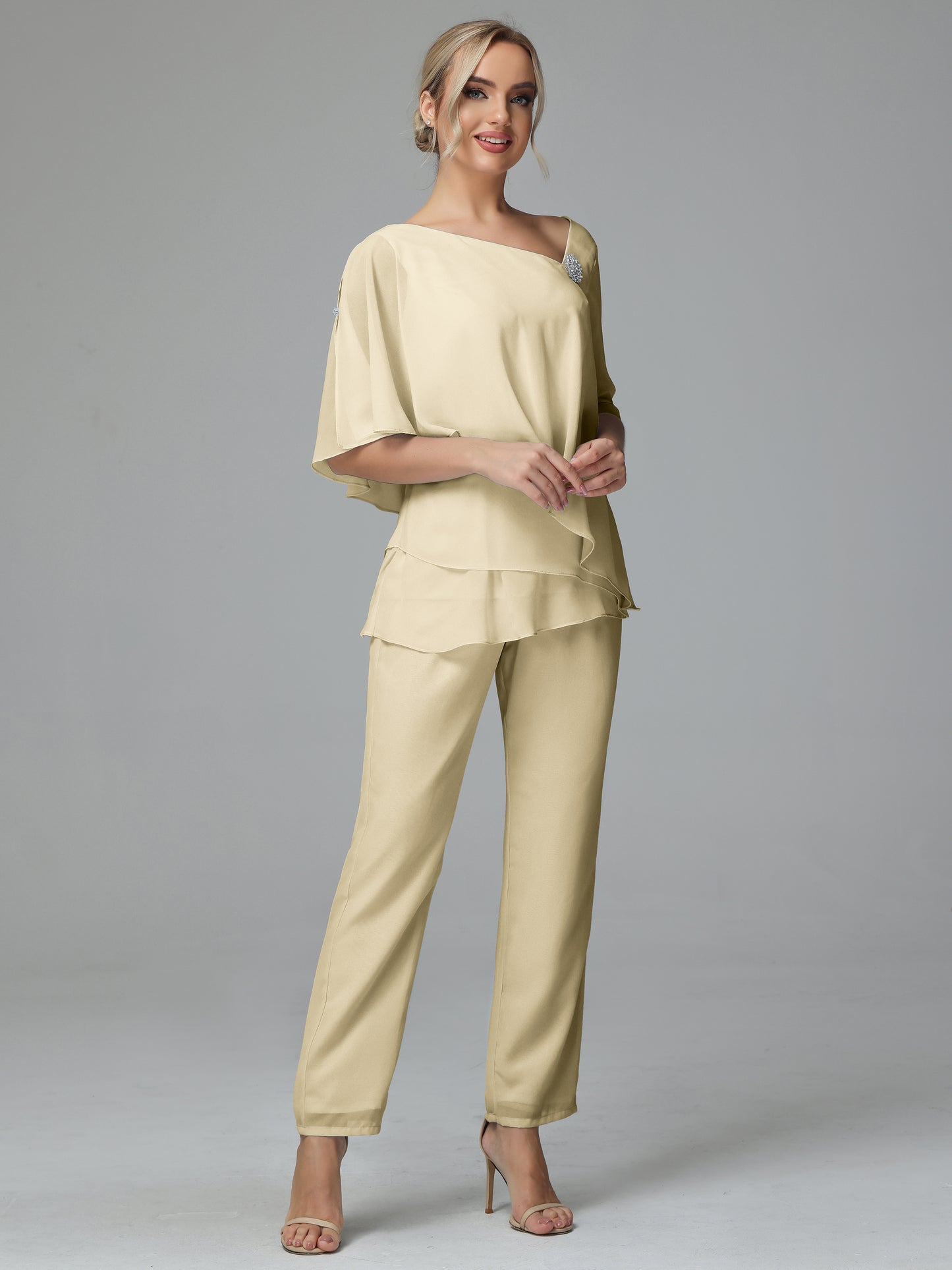 Half Sleeves Chiffon Mother of the Bride Dress Pant Suits With Beading