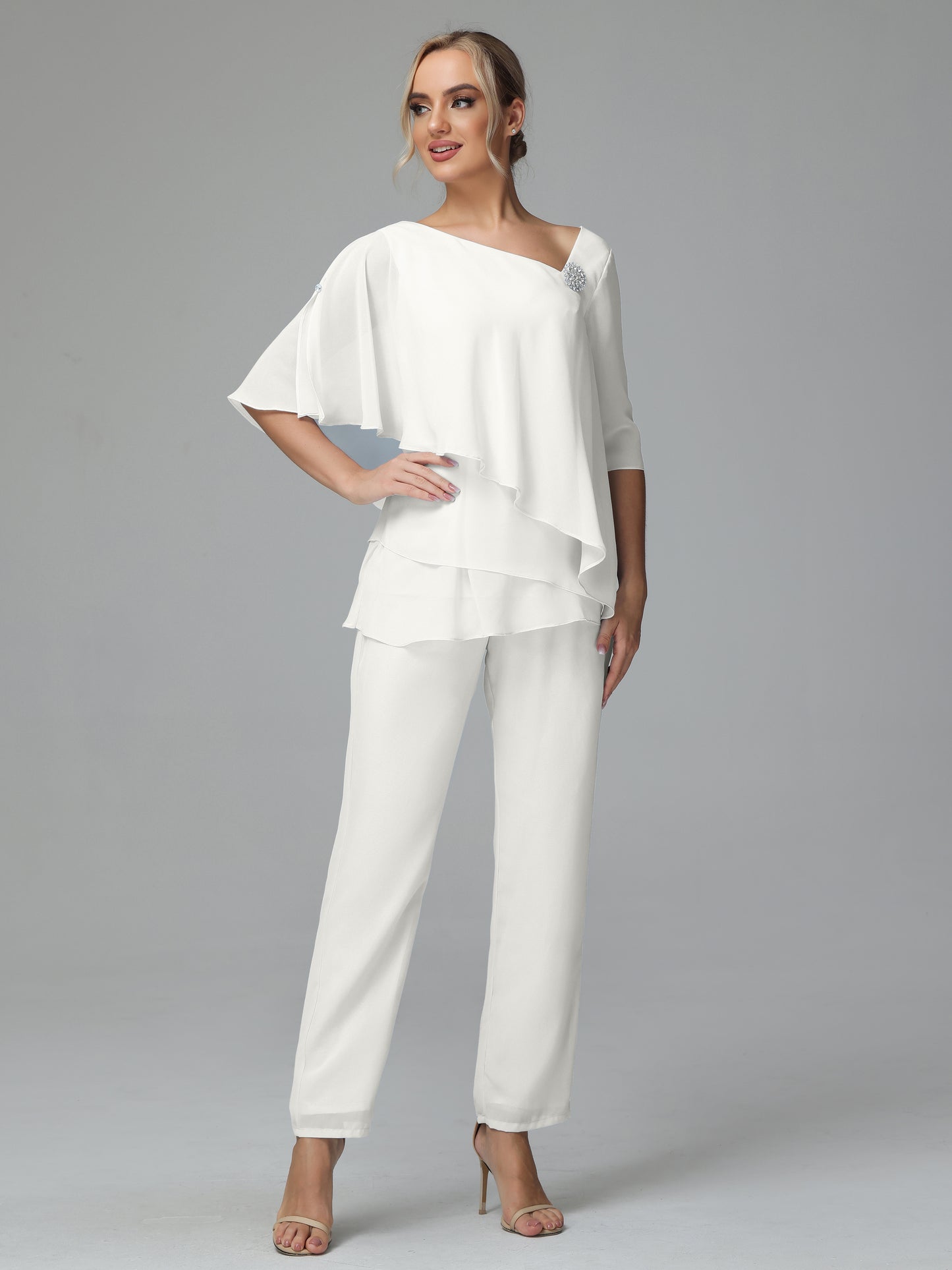 Half Sleeves Chiffon Mother of the Bride Dress Pant Suits With Beading