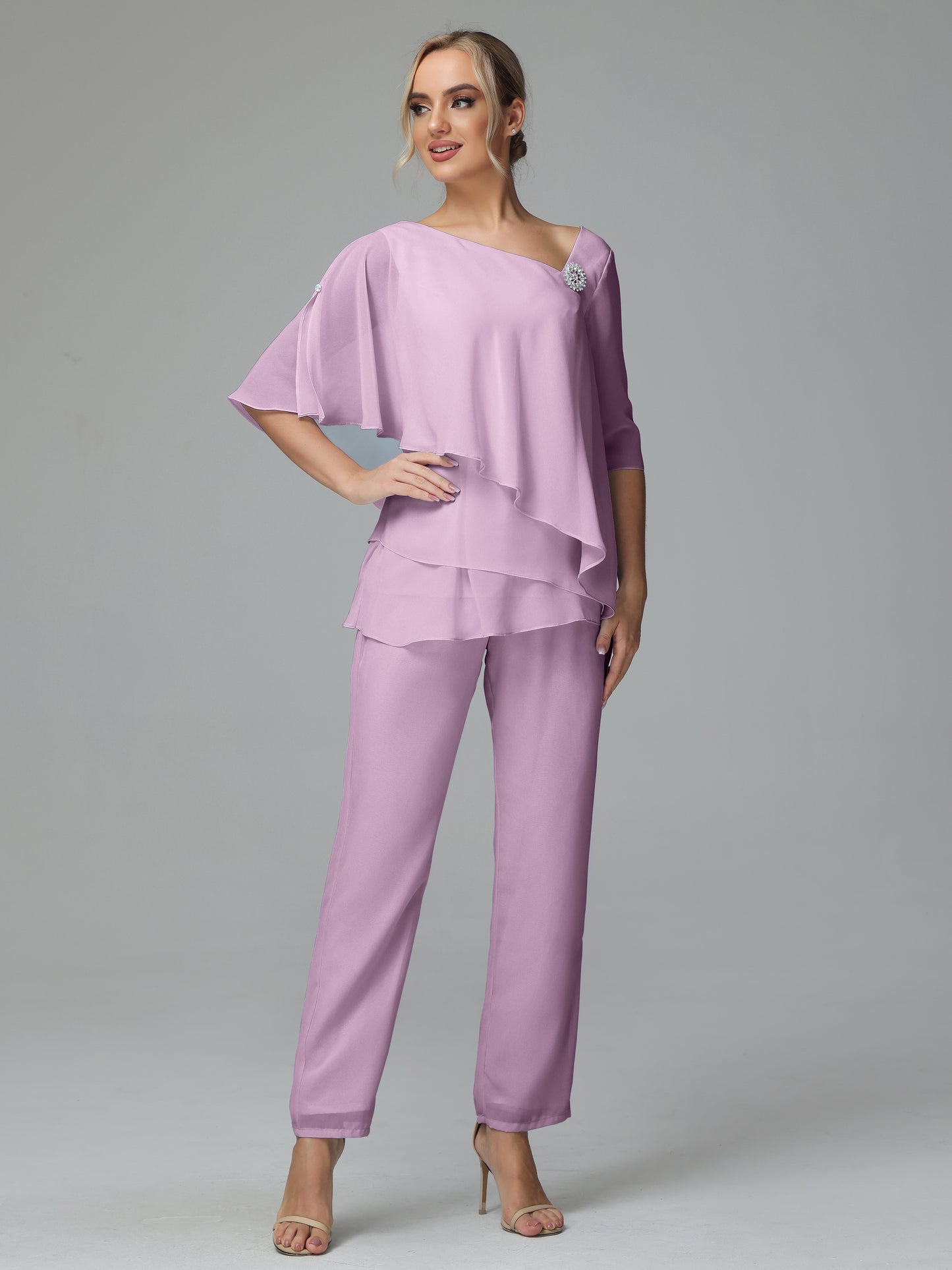 Half Sleeves Chiffon Mother of the Bride Dress Pant Suits With Beading