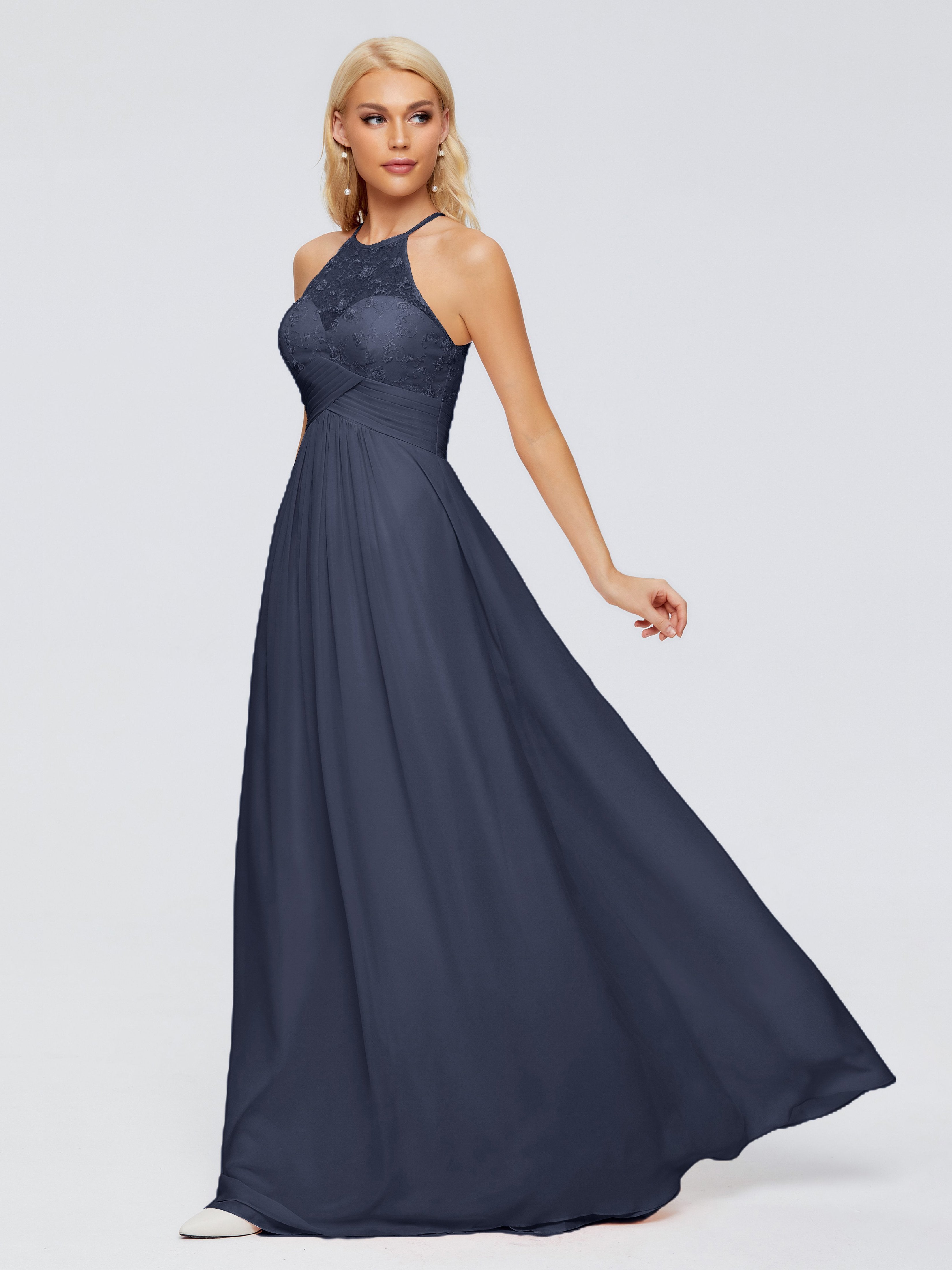 Dark Navy Blue Bridesmaid Dresses Isabel Attractive Halter Pleated Chi