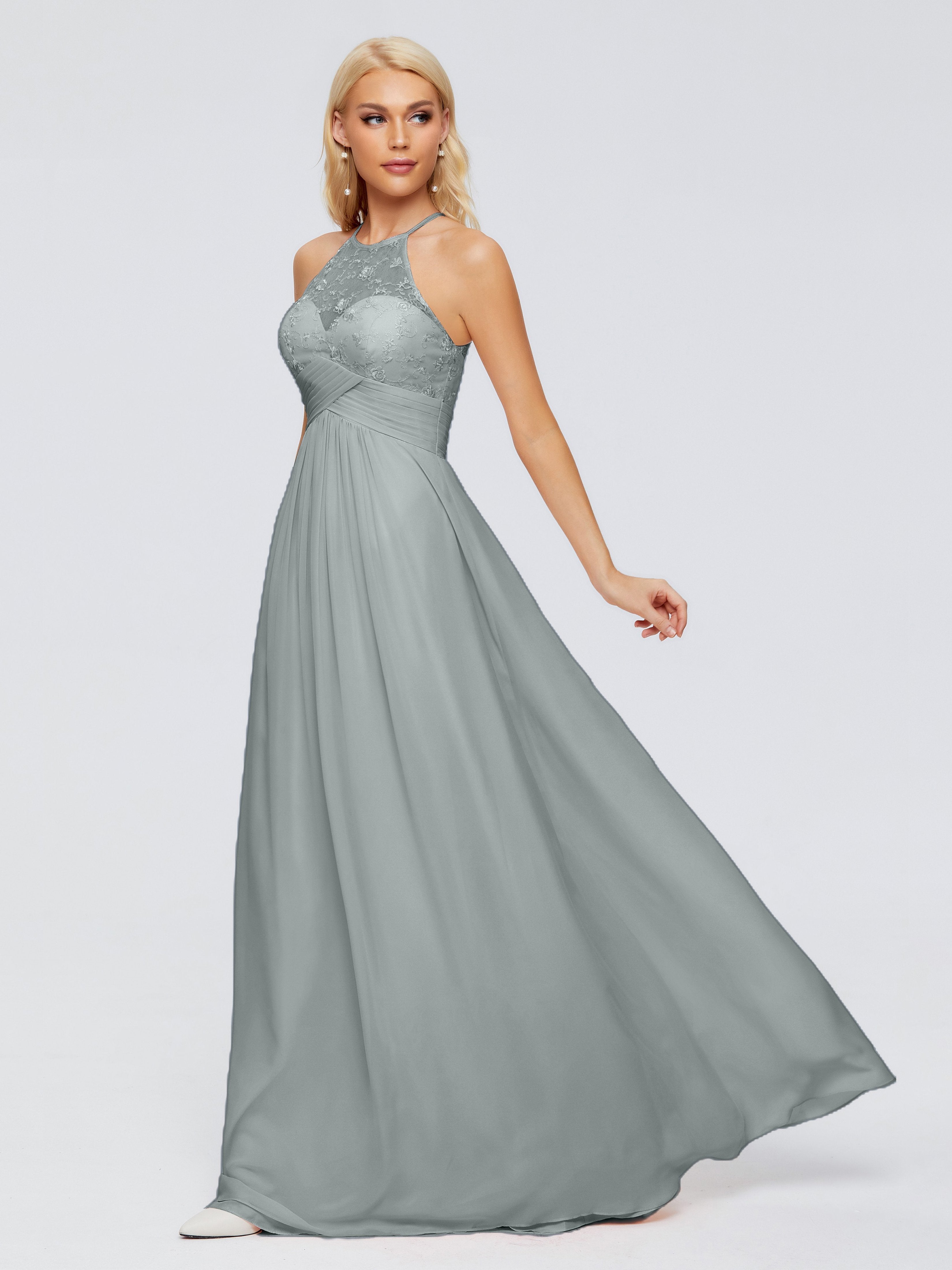Steel Blue Grey Bridesmaid Dresses Isabel Attractive Halter Pleated Ch