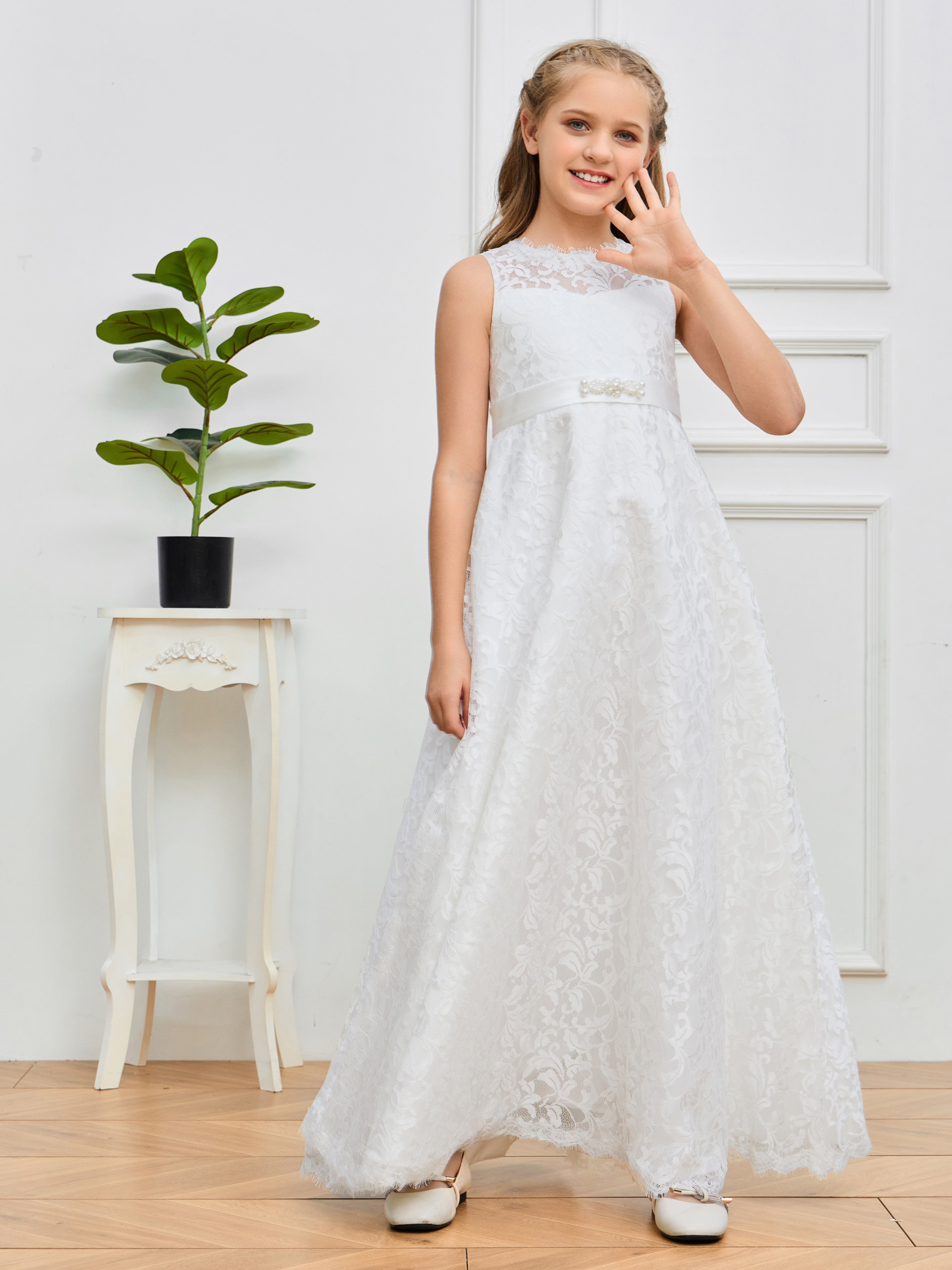 Jewel Sleeveless Lace Flower Girl Dresses