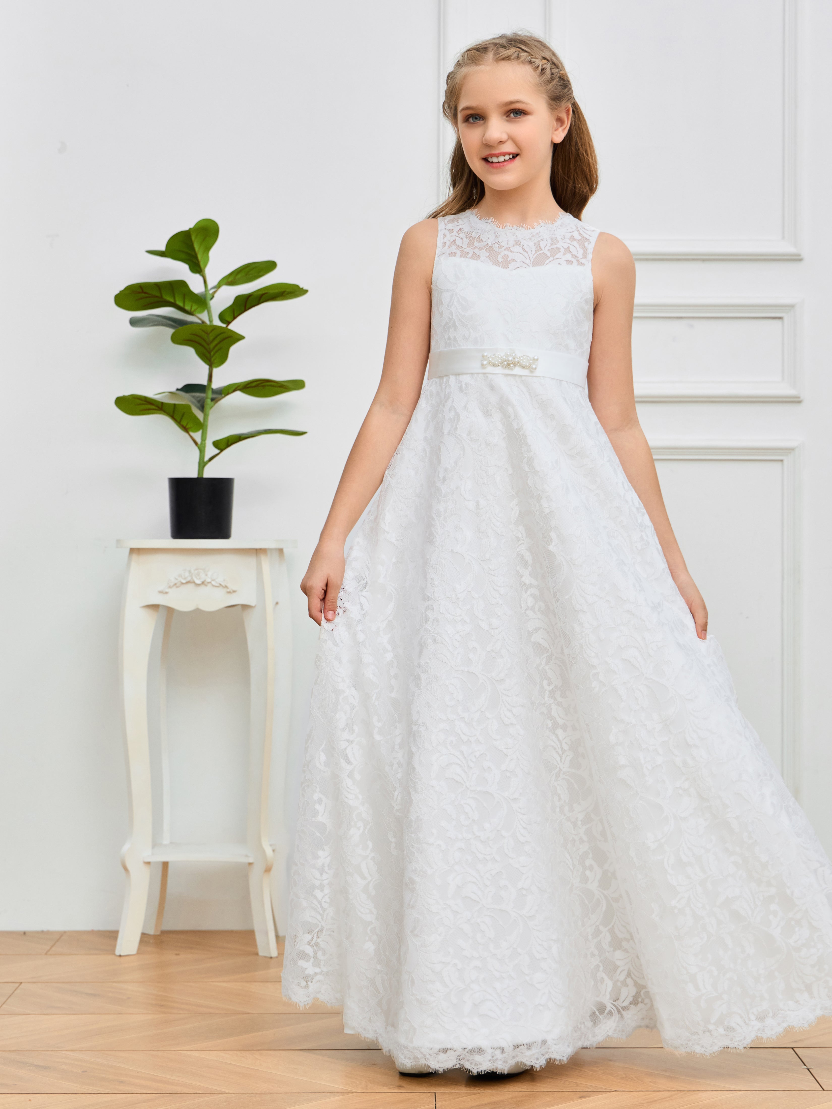 Jewel Sleeveless Lace Flower Girl Dresses
