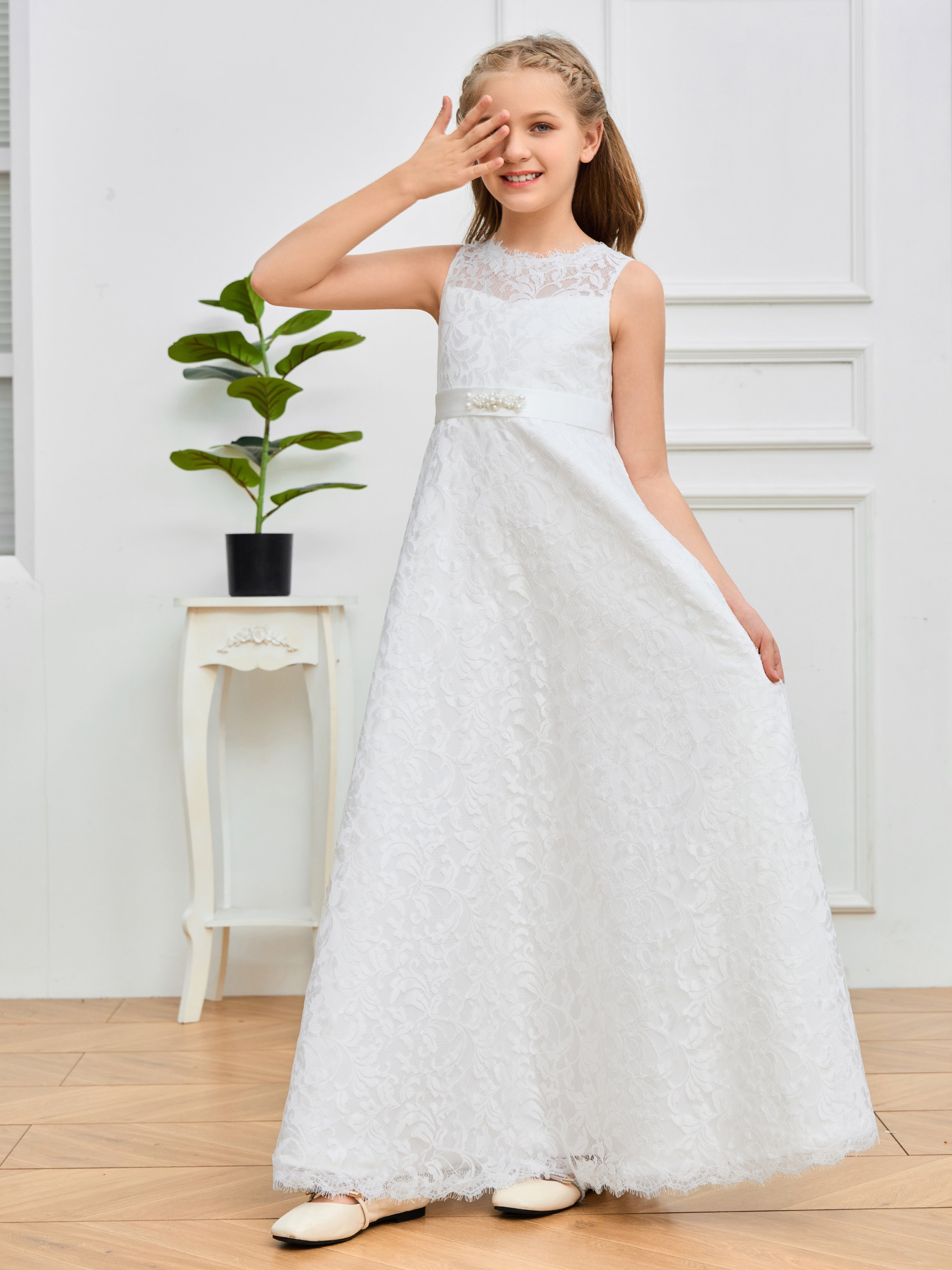 Jewel Sleeveless Lace Flower Girl Dresses
