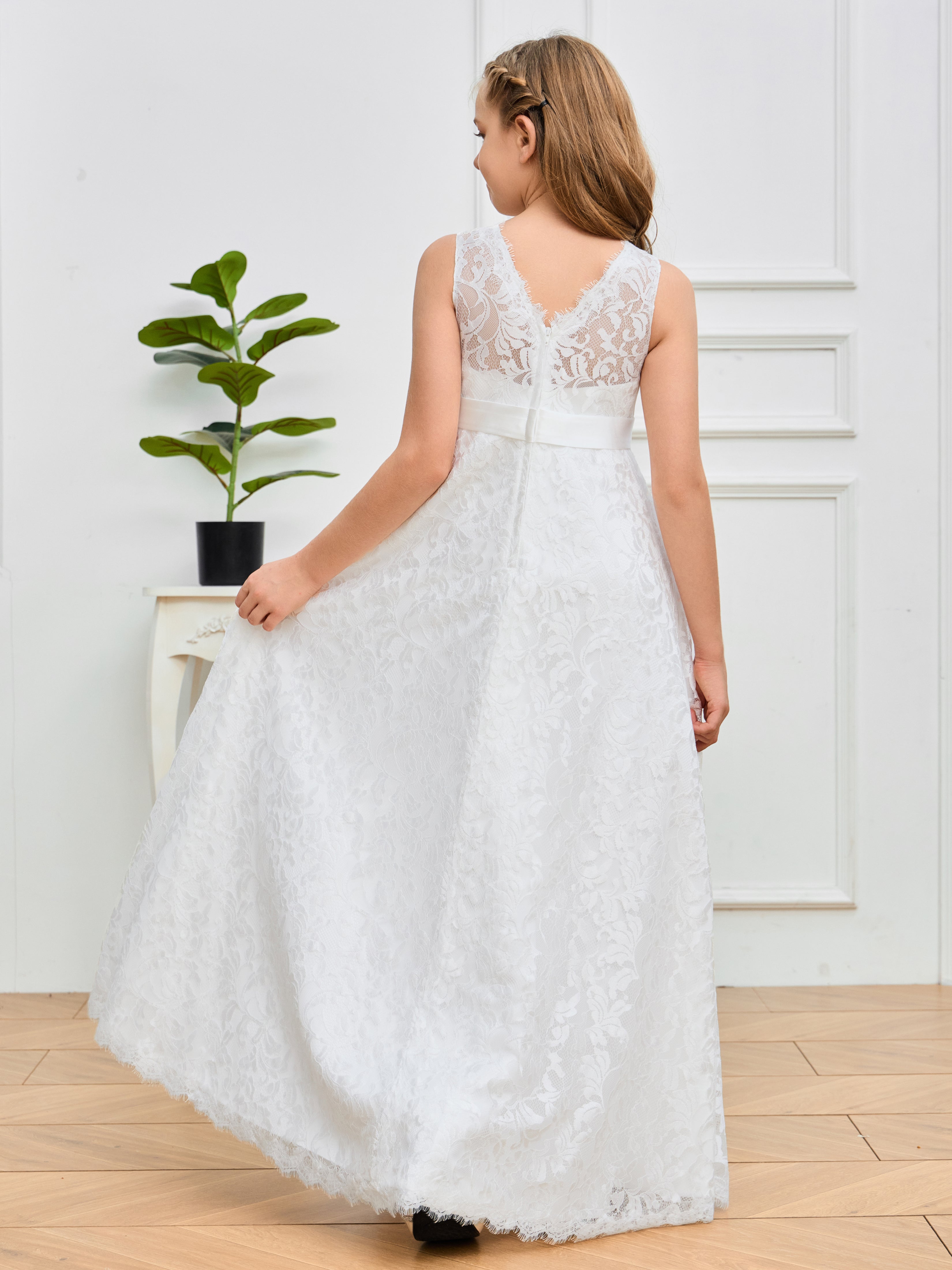 Jewel Sleeveless Lace Flower Girl Dresses