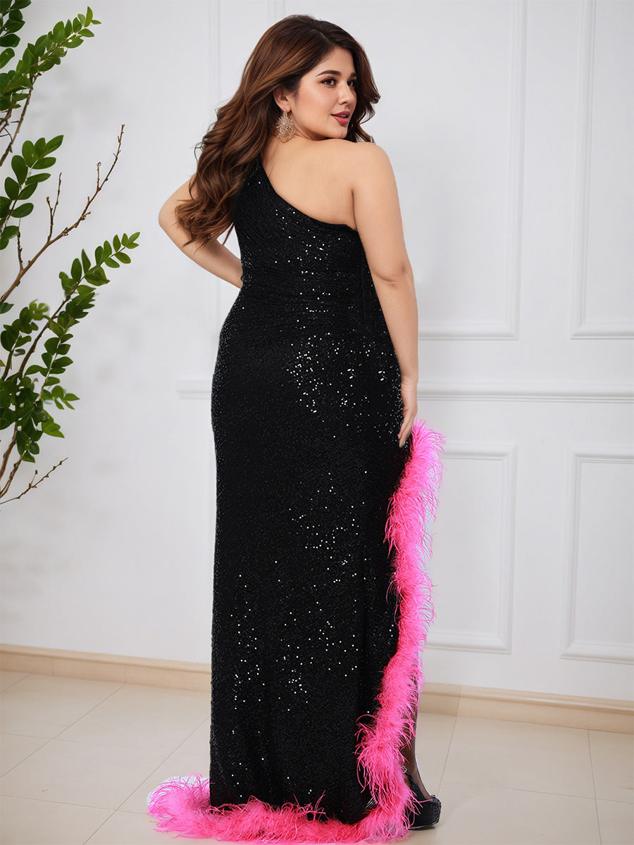 Cicinia Special Black and Pink Sequins Sheath Long Plus Size Prom Dress