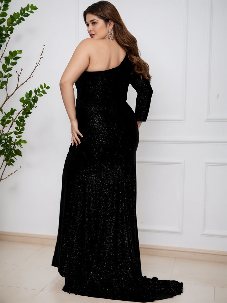 Cicinia Black Long Sleeve One Shoulder Sheath Floor Length Plus Size Prom Dress