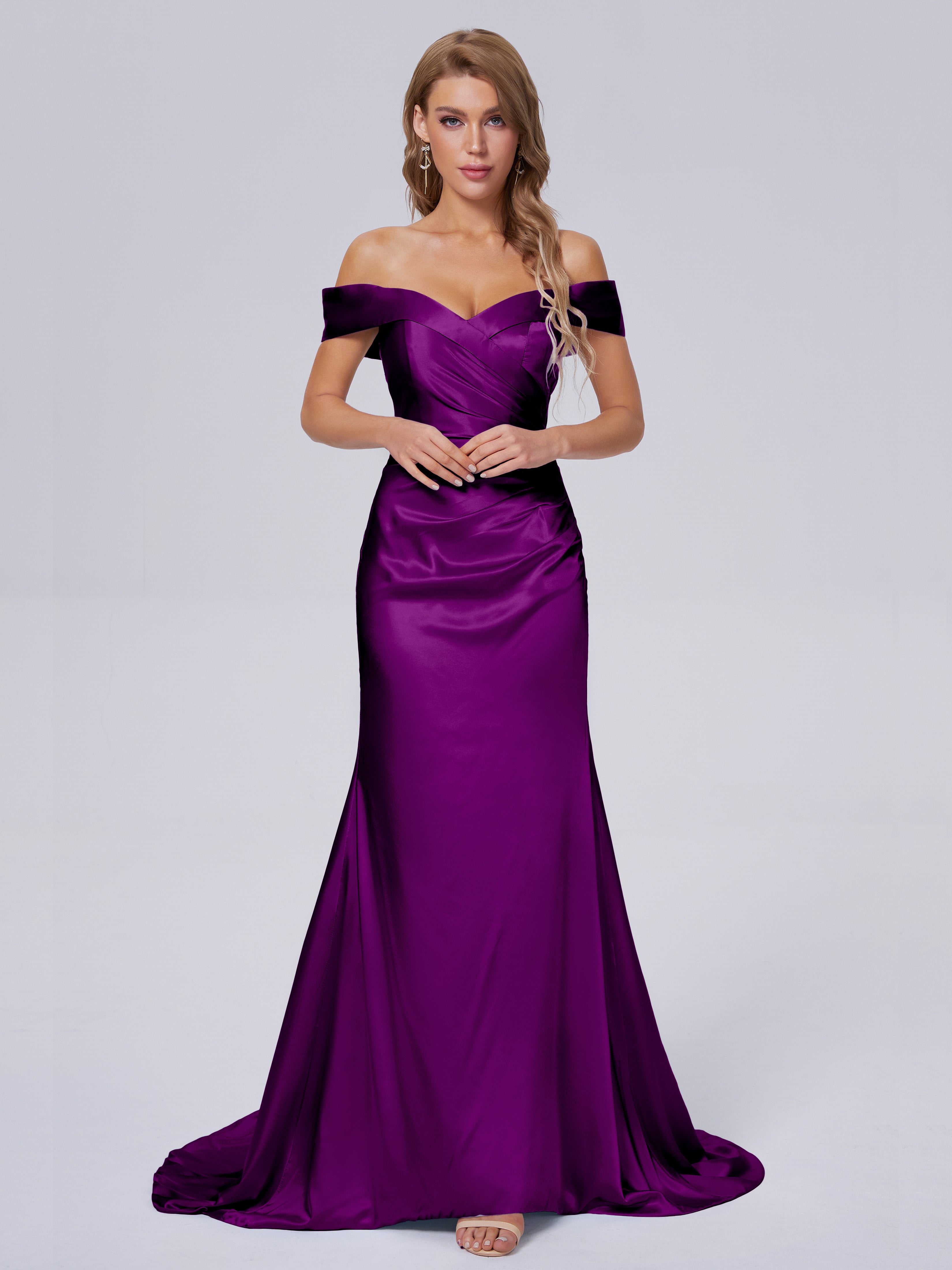 Long Grape Bridesmaid Dresses Hourglass Soft Satin Bridesmaid Dresses Bridesmaid Dresses With Off The Shoulder Neckline