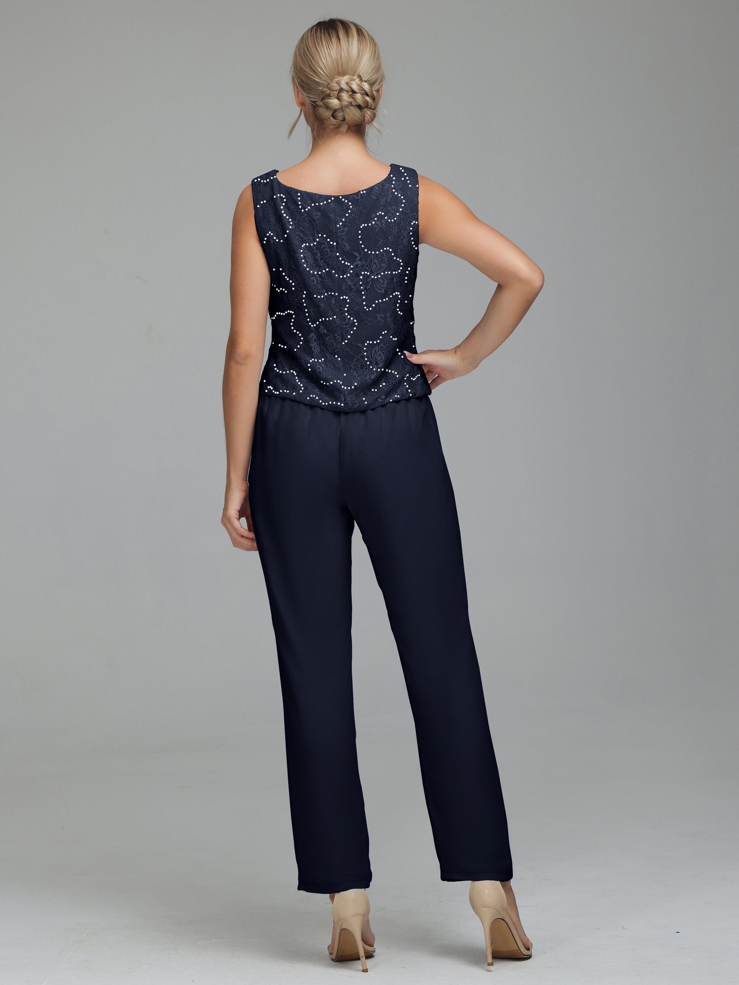 Jumpsuit Separates Scoop Illusion Floor-Length Chiffon Lace Mother of the Bride Dress